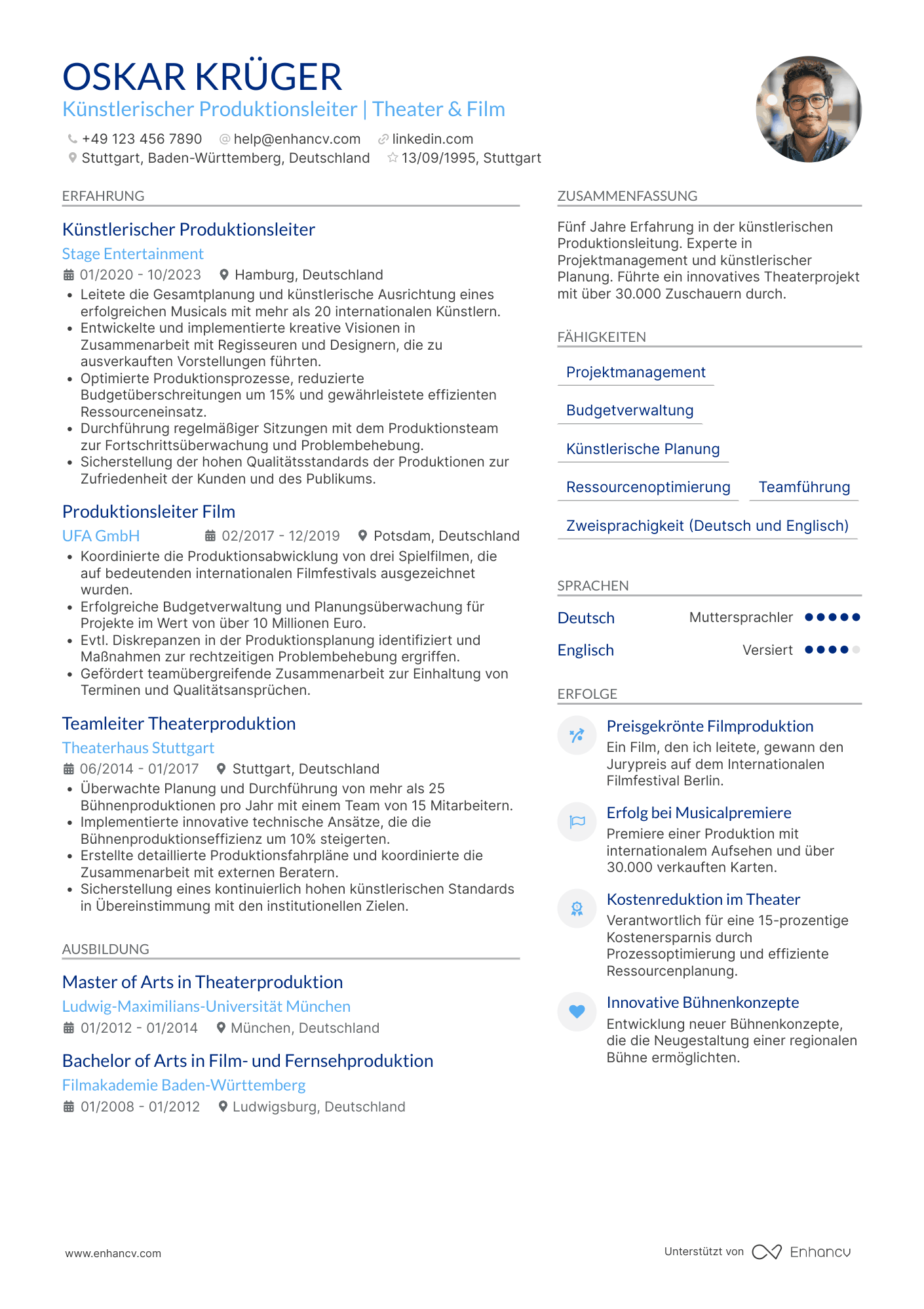Lebenslauf als Künstlerischer Produktionsleiter