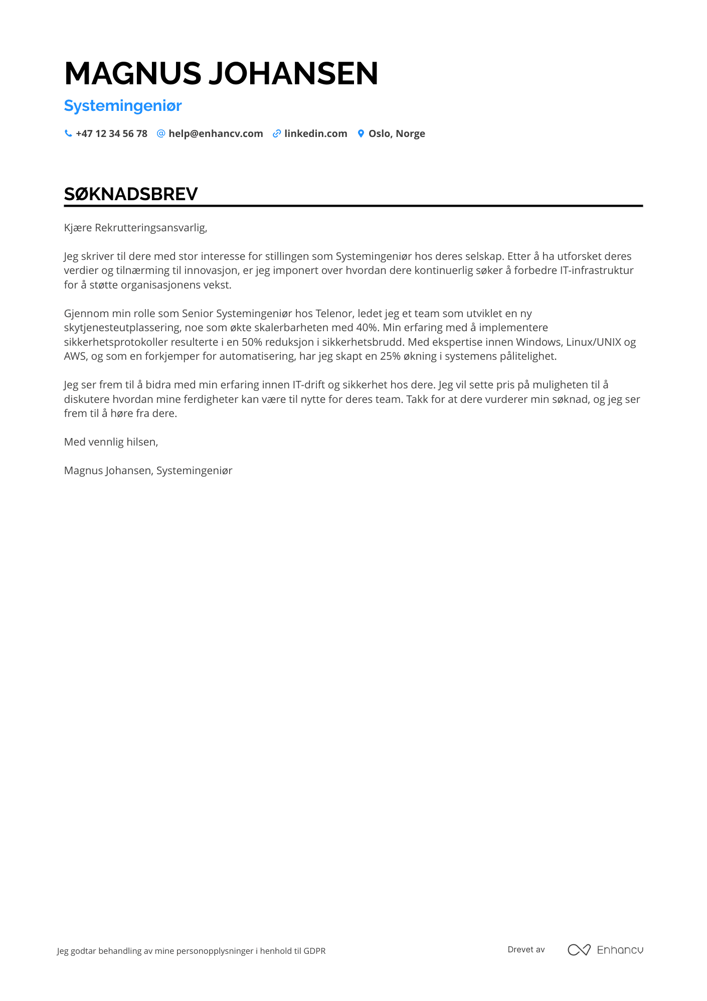 Søknadsbrev for Systemingeniør for drift