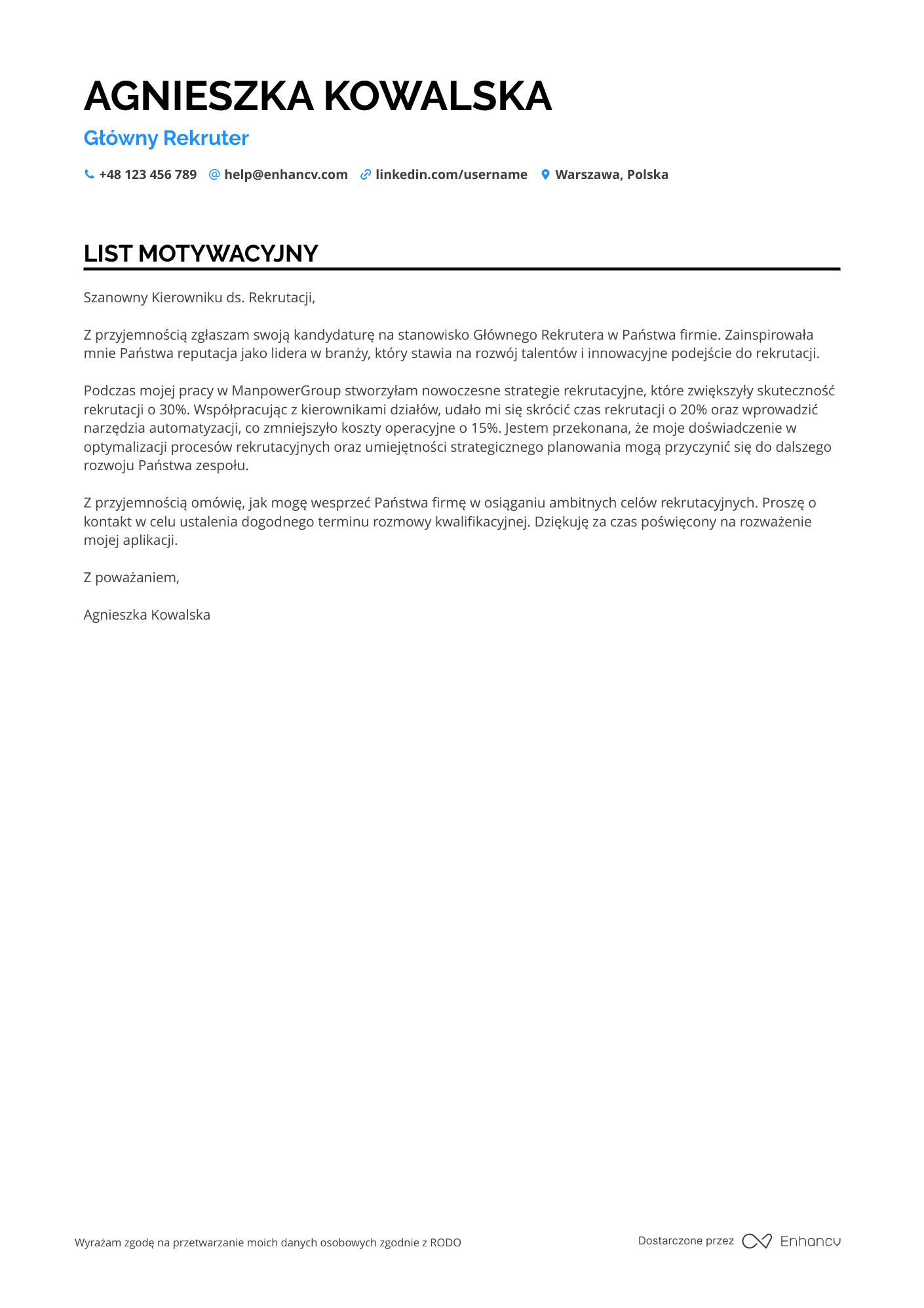 List motywacyjny dla Główny Rekruter