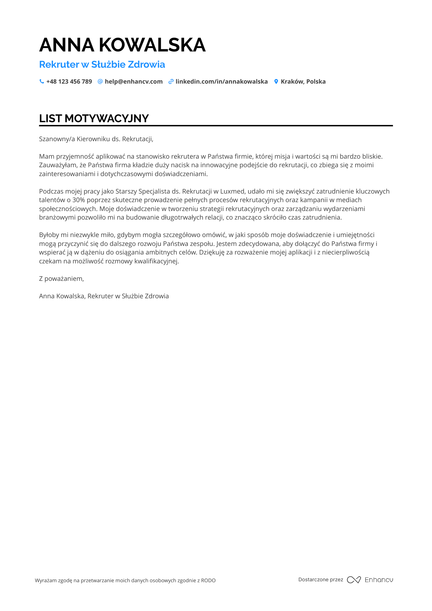 List motywacyjny dla Rekruter w Służbie Zdrowia