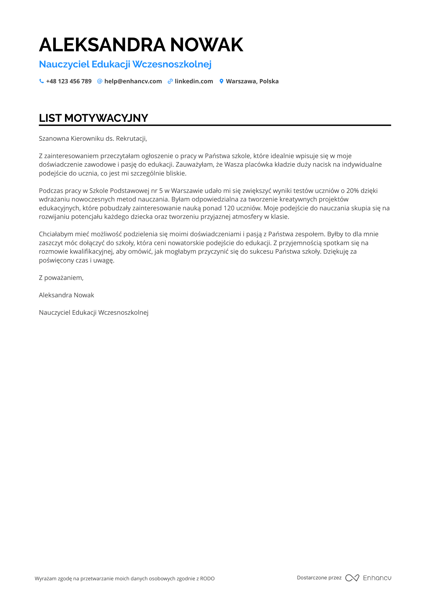 List motywacyjny dla Nauczyciel Edukacji Wczesnoszkolnej Wychowawca Klasowy