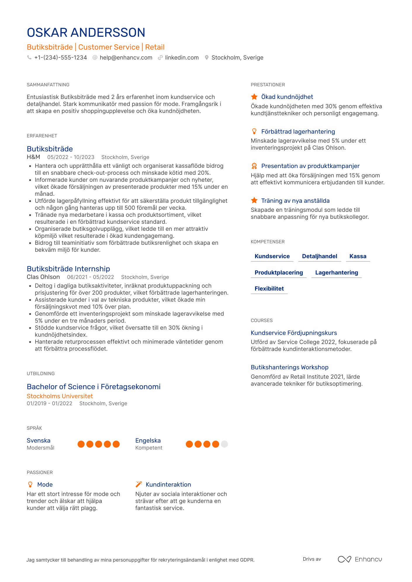 CV för Butiksbiträde Junior