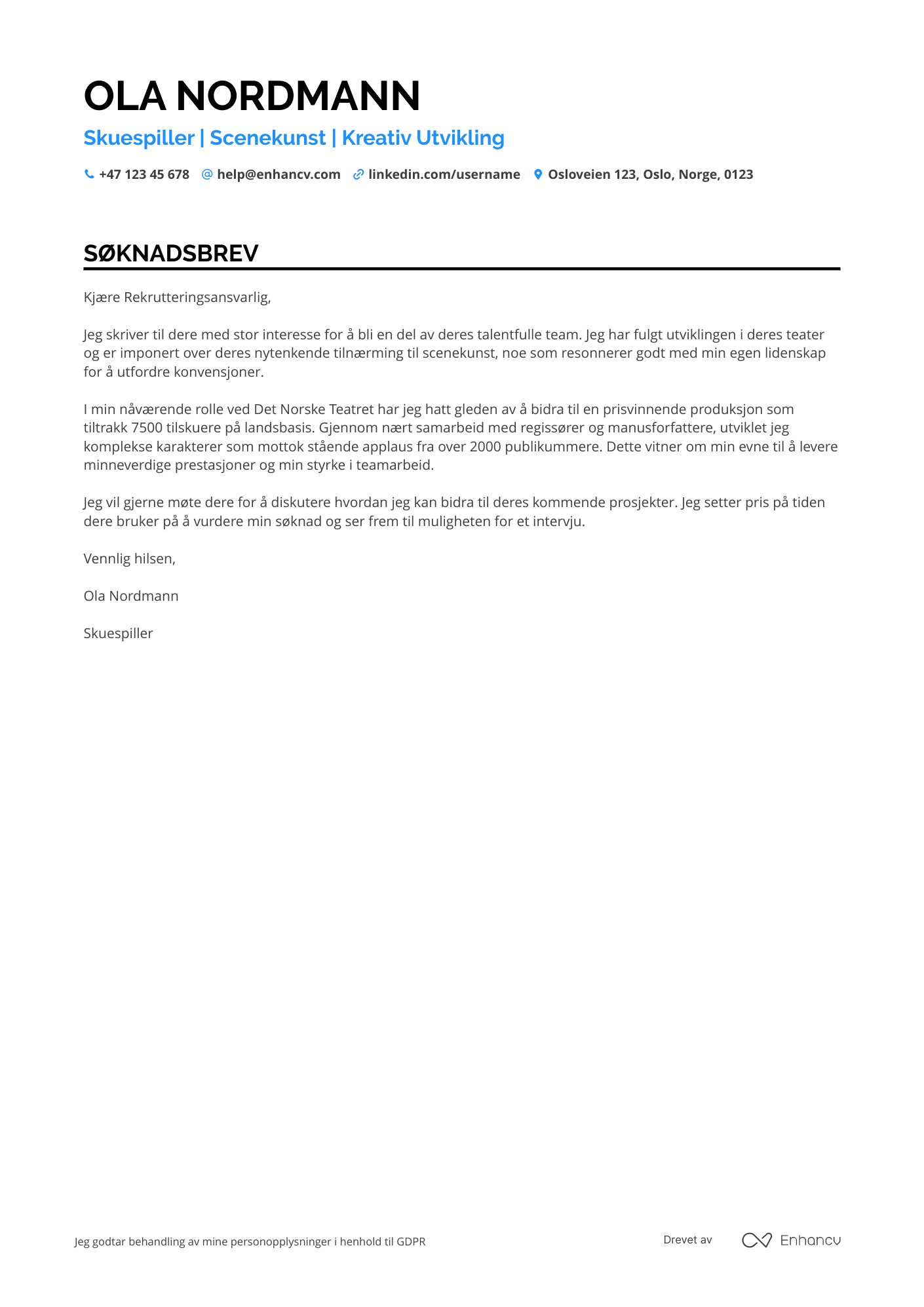 Søknadsbrev for Nyutdannet skuespiller