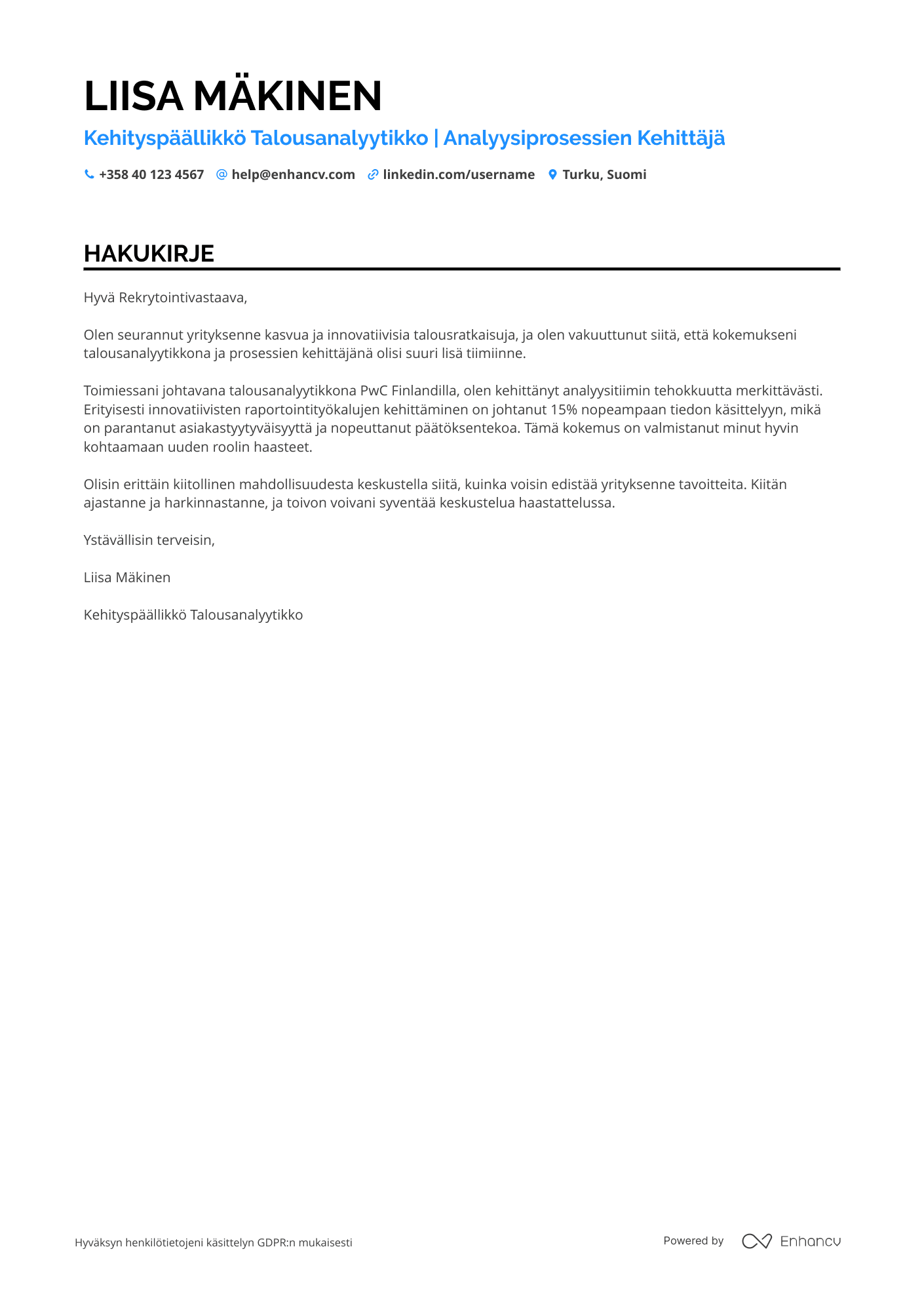Hakukirje Kehityspäällikkö Talousanalyytikko