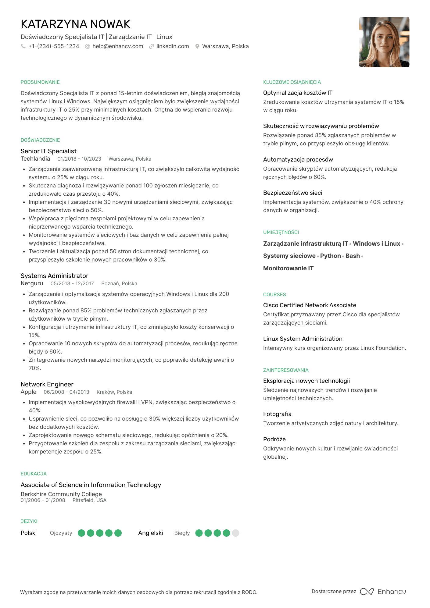 CV dla Doświadczony Specjalista IT