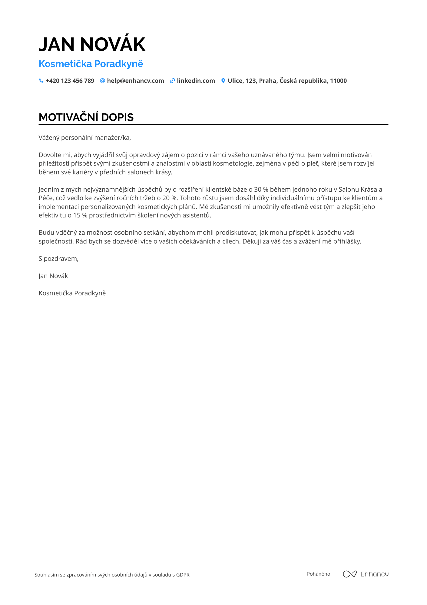 Motivační dopis pro Kosmetička Poradkyně