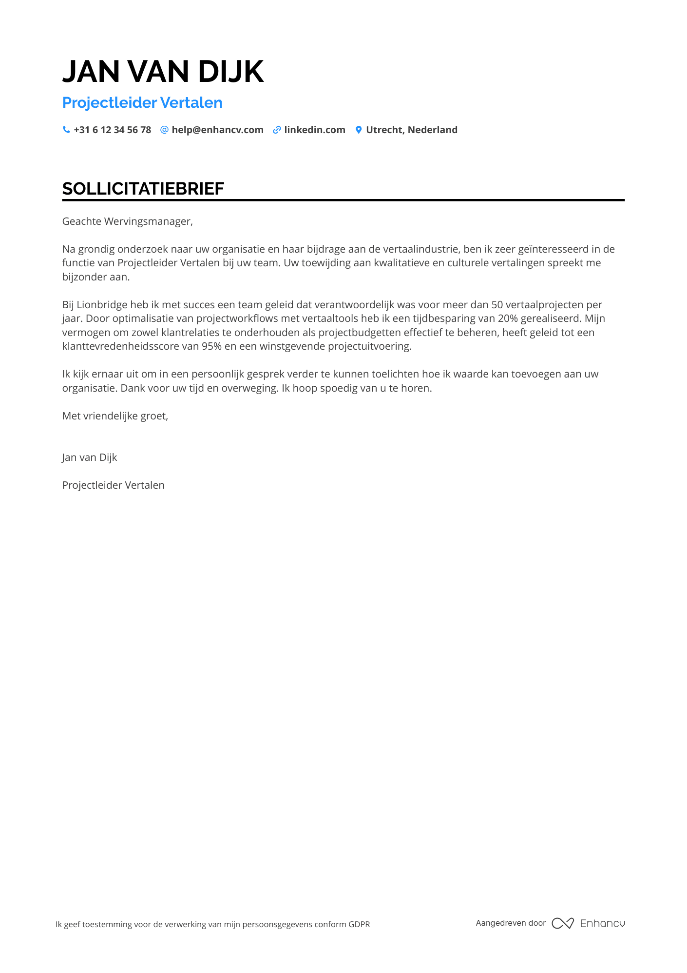 Sollicitatiebrief voor Projectleider Vertalen