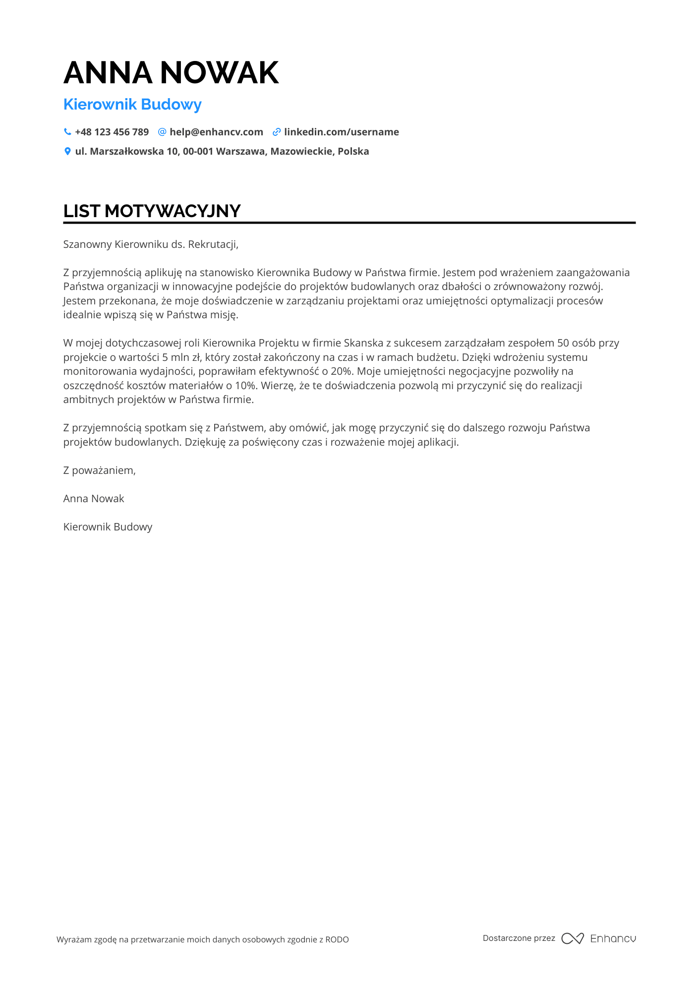 List motywacyjny dla Kierownik Budowy