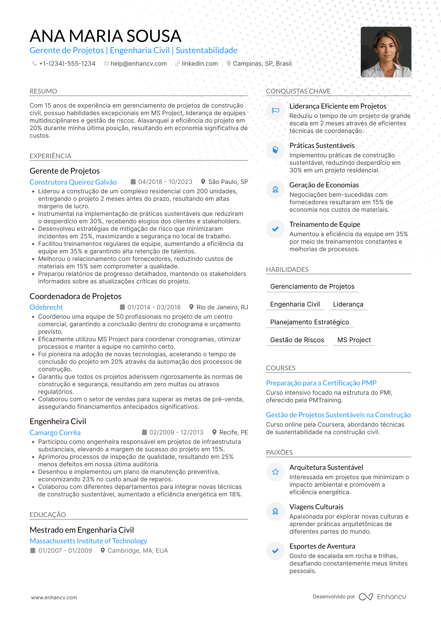 Currículo gerente de projetos construção civil