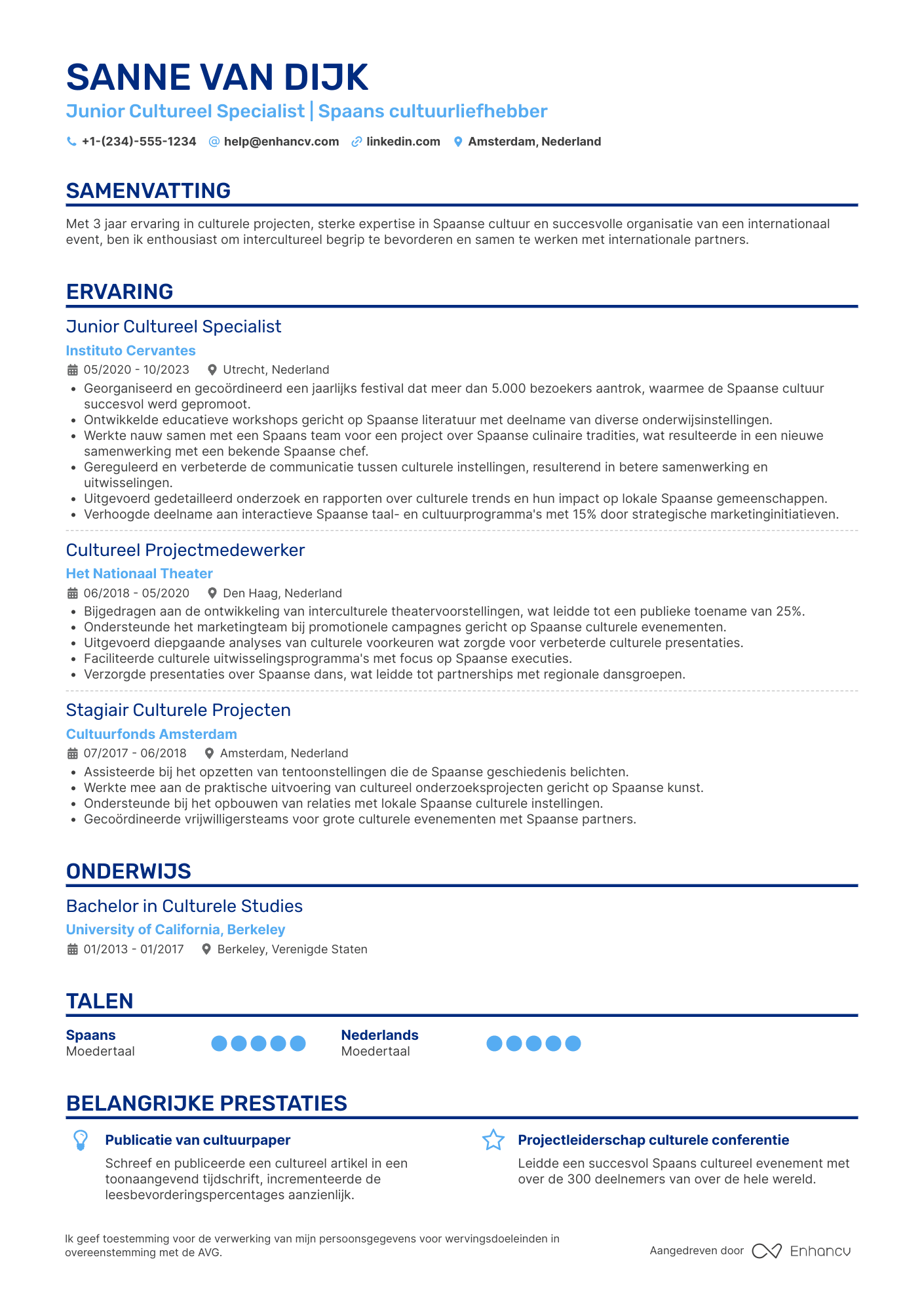 CV voor Spaans Junior Cultureel Specialist