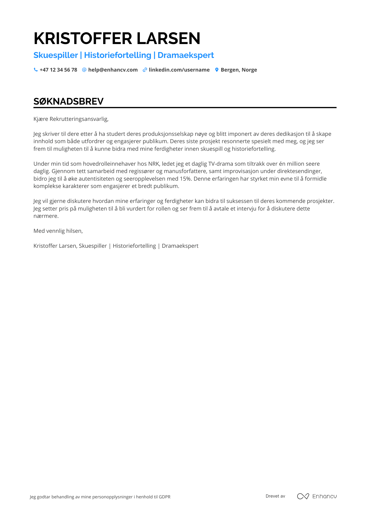 Søknadsbrev for Såpeopera skuespiller