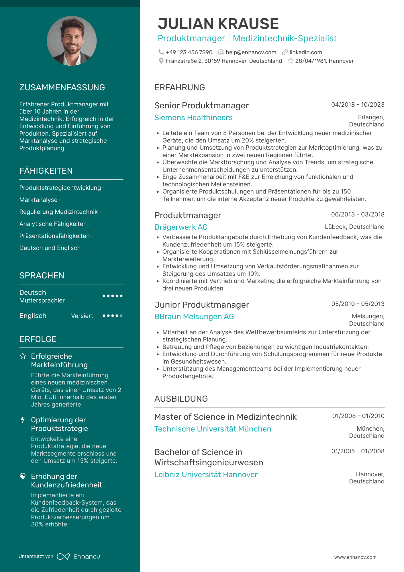 Lebenslauf als Produktmanager für medizinische Geräte
