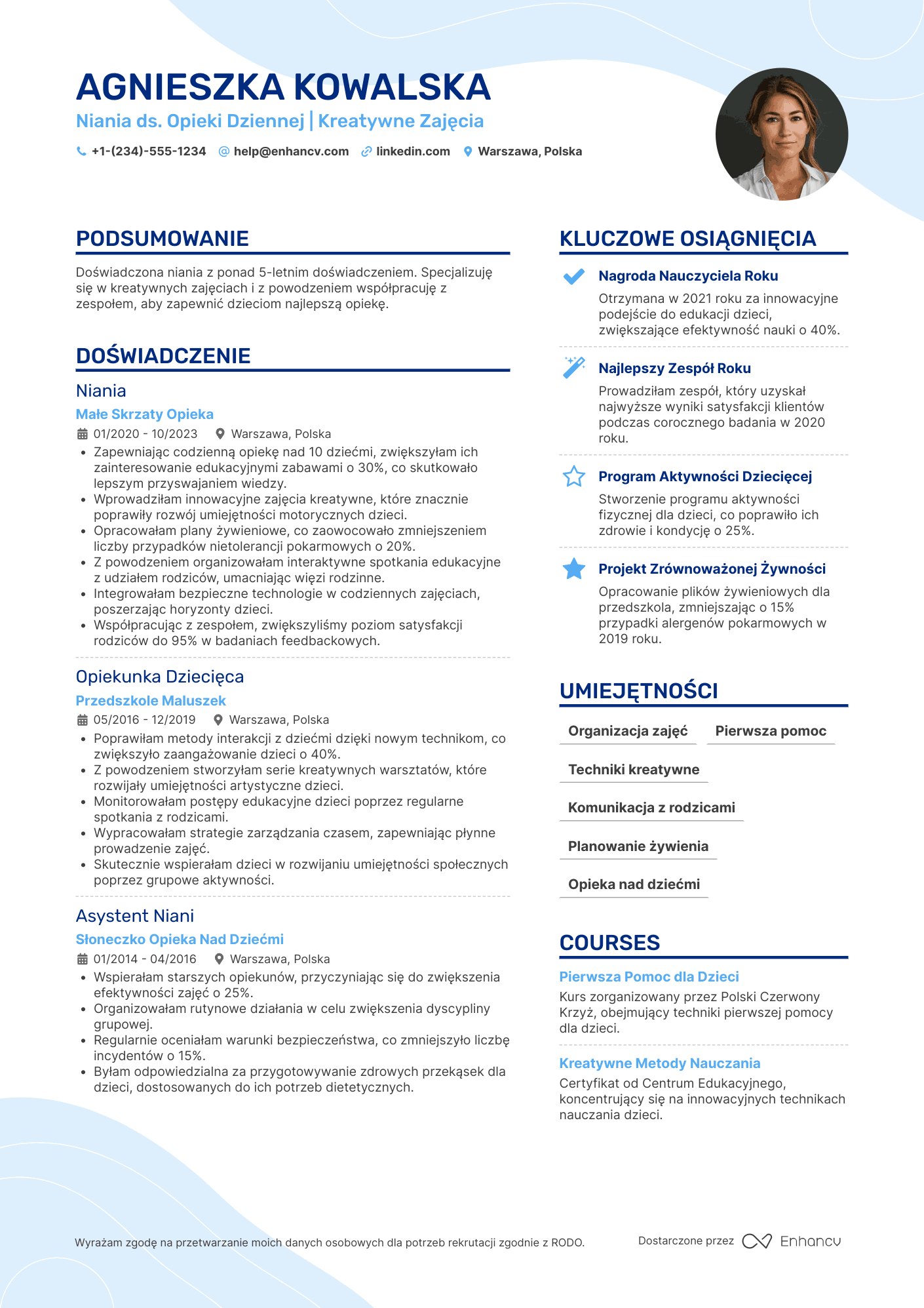 CV dla Niania ds Opieki Dziennej