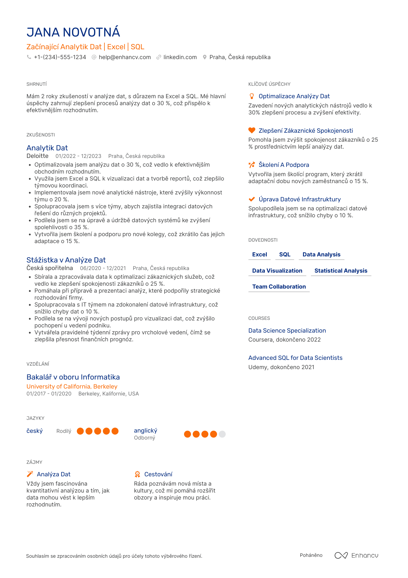 Životopis pro Začínající analytik dat