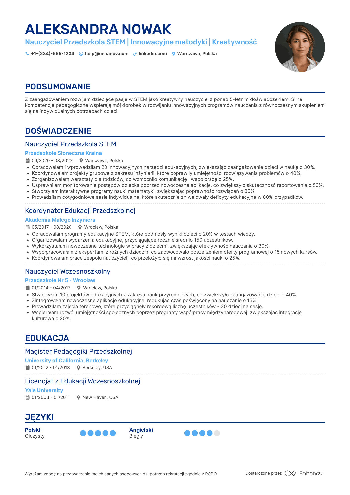 CV dla Nauczyciel Przedszkola STEM