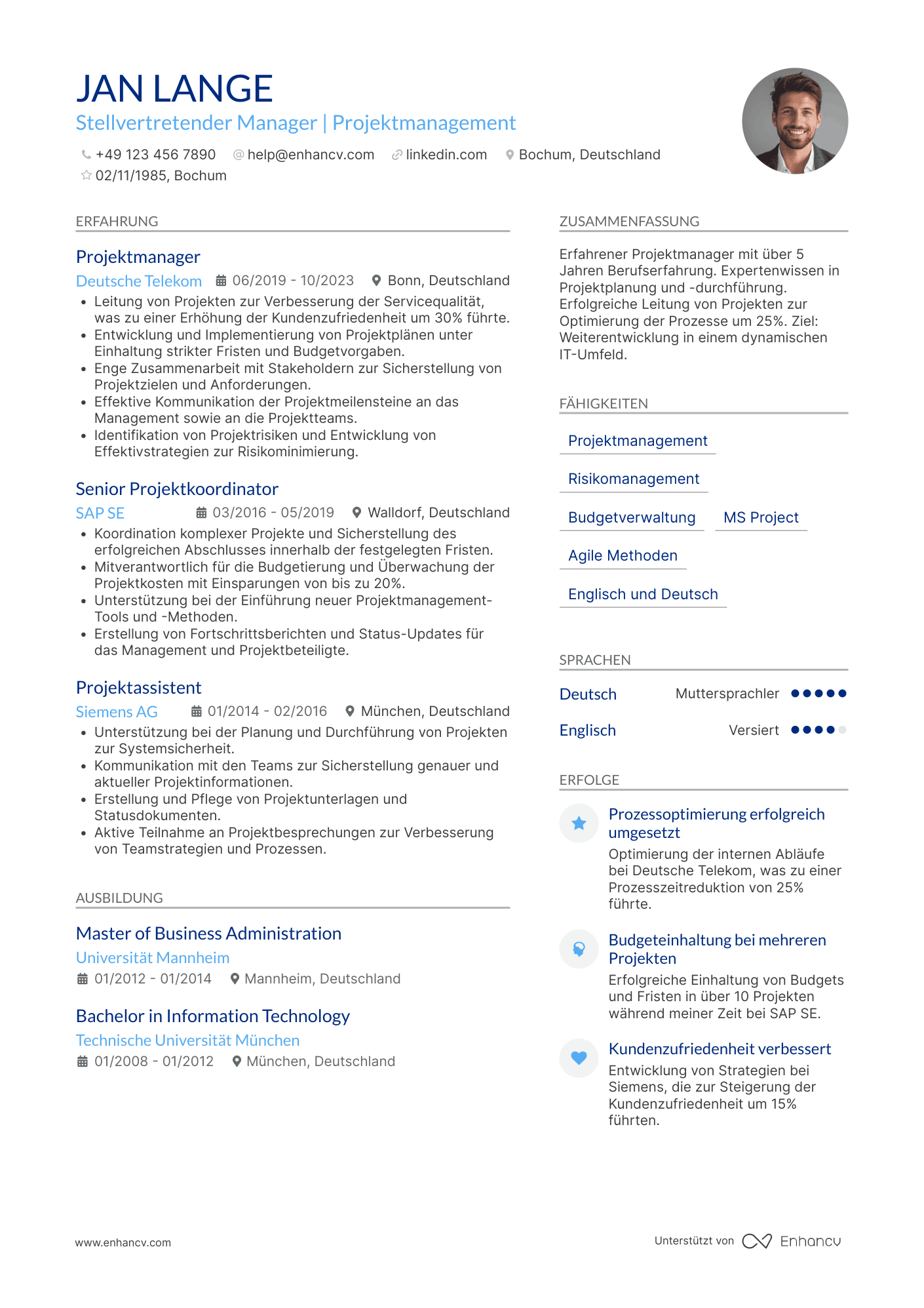 Lebenslauf als Stellvertretender Manager mit Erfahrung in Projektmanagement