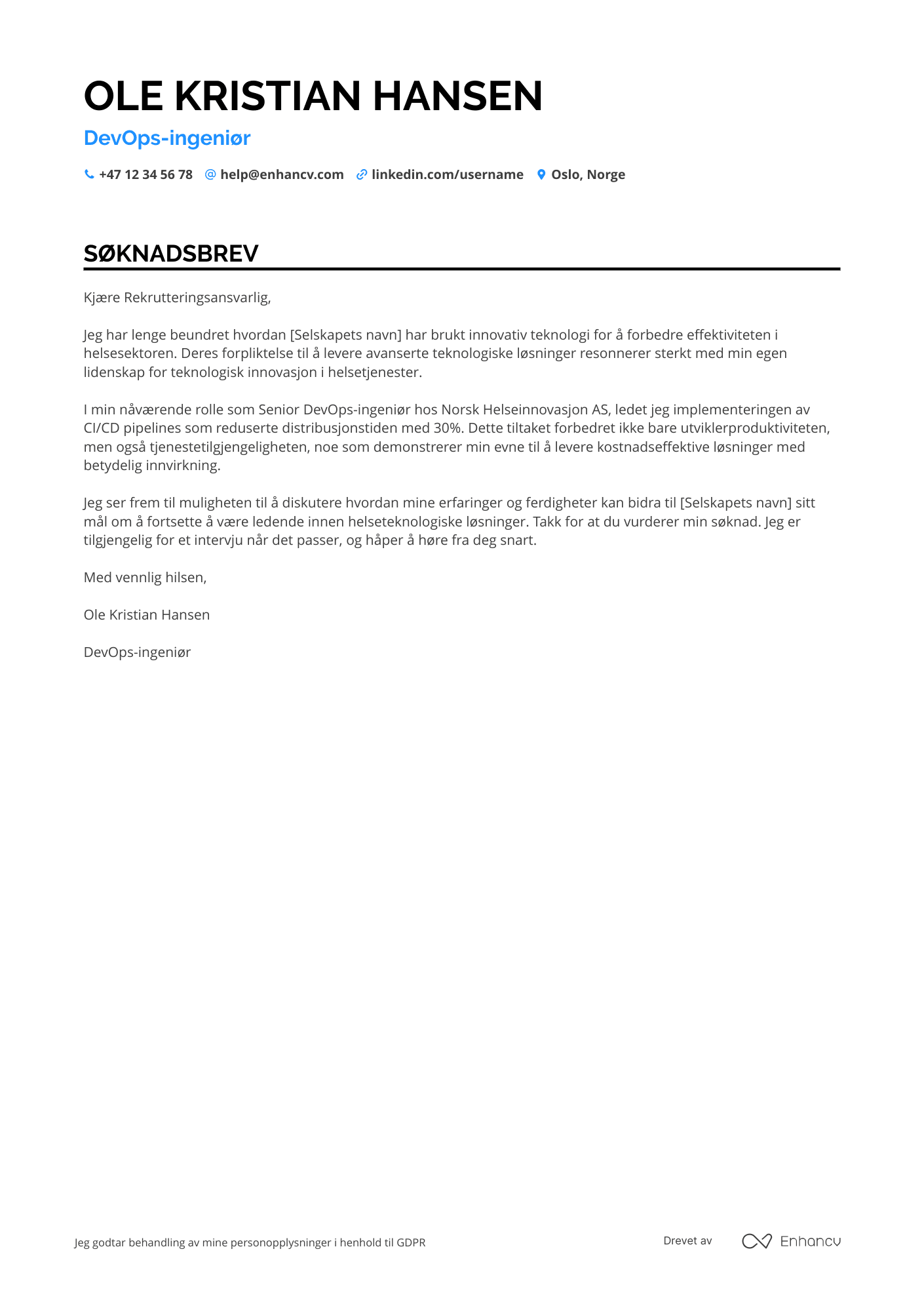 Søknadsbrev for DevOps ingeniør for helseindustrien