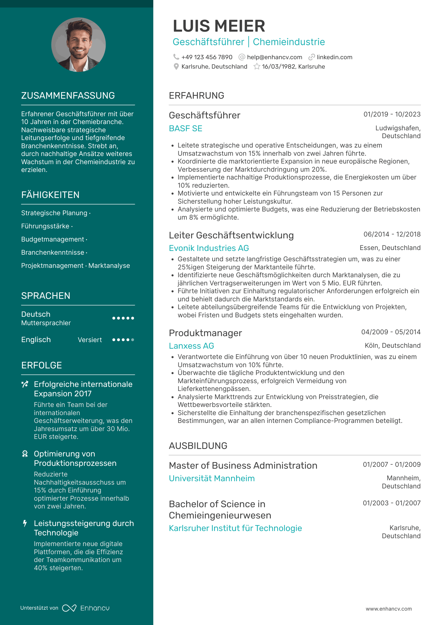 Lebenslauf in Geschäftsführer in der Chemieindustrie