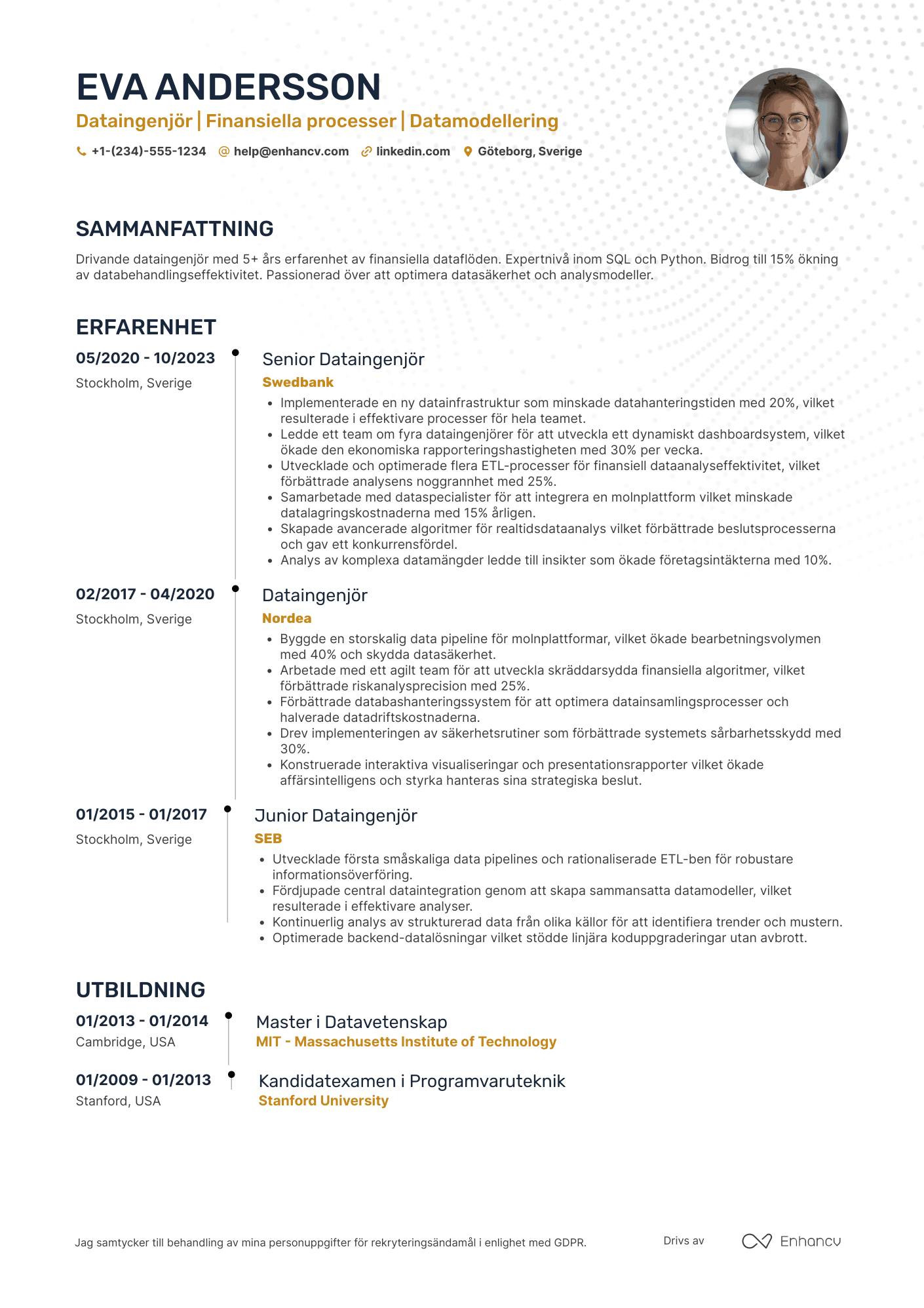 CV för Dataingenjör inom finans