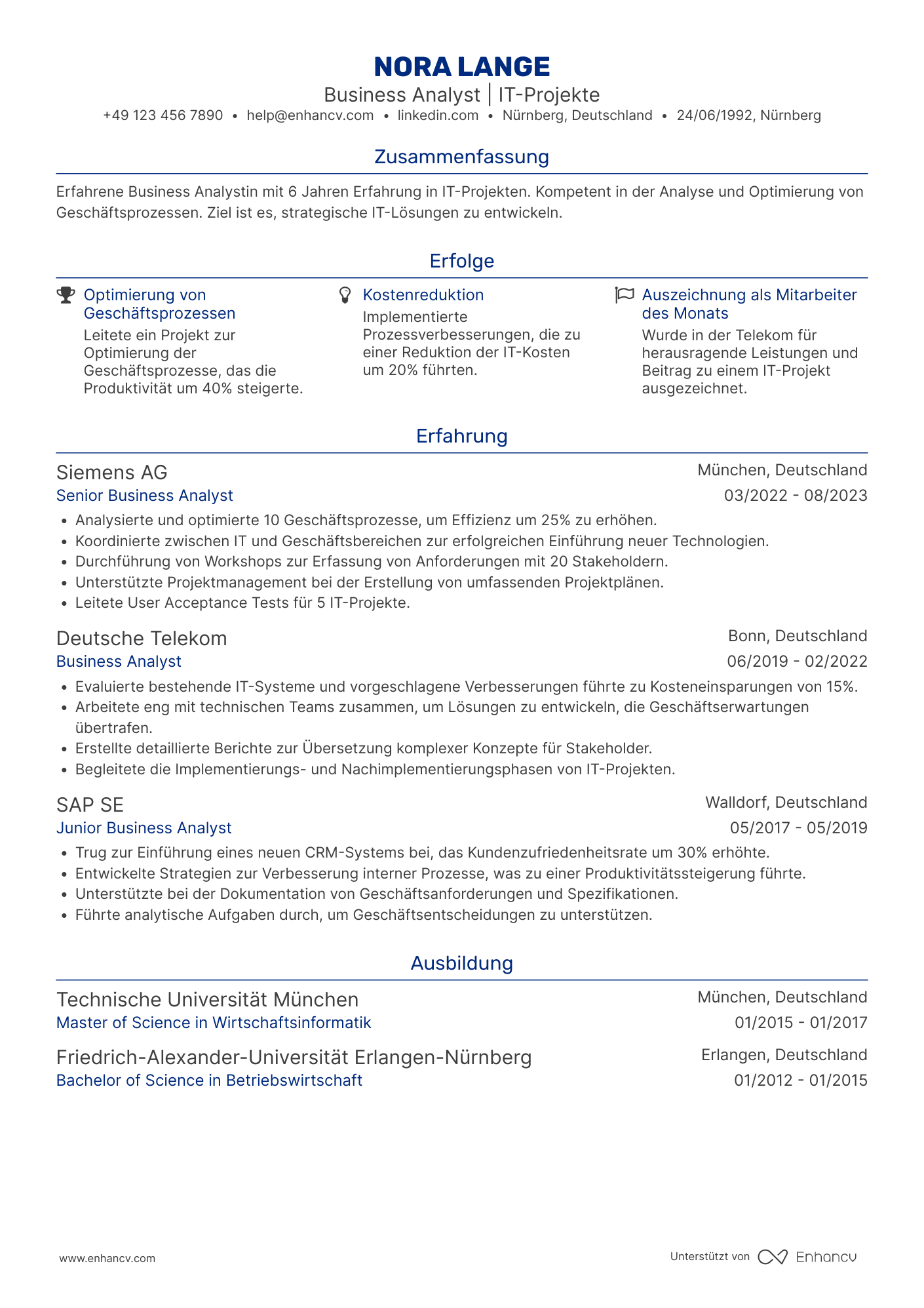 Lebenslauf als Business Analyst für IT Projekte