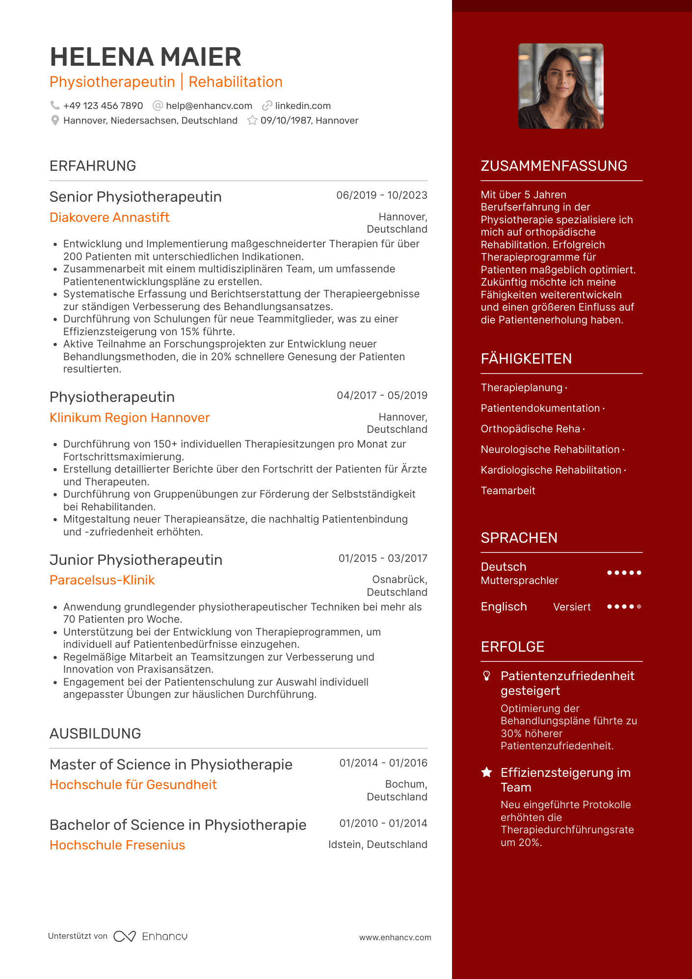 Lebenslauf in Physiotherapeut in einer Reha Klinik