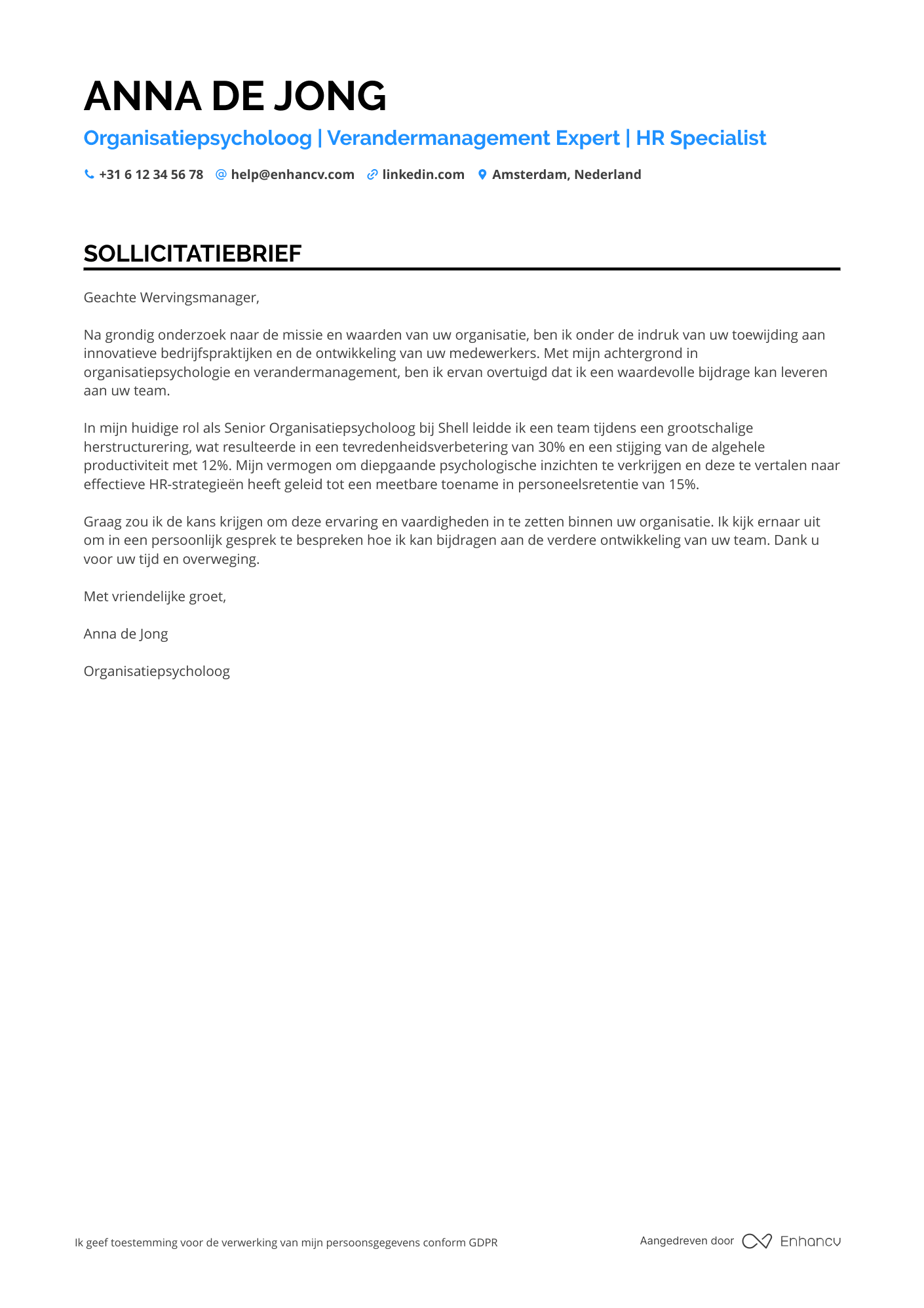 Sollicitatiebrief voor Organisatiepsycholoog