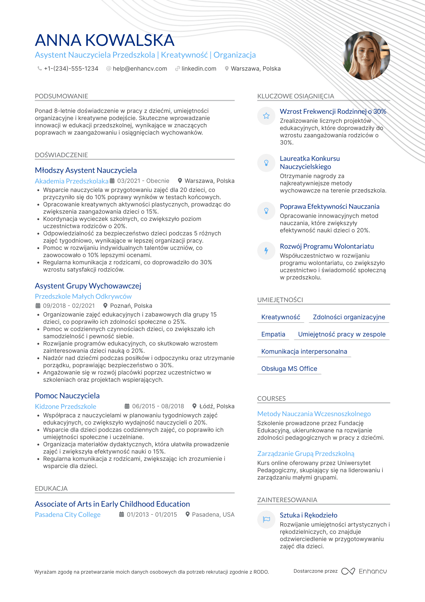 CV dla Asystent Nauczyciela Przedszkola