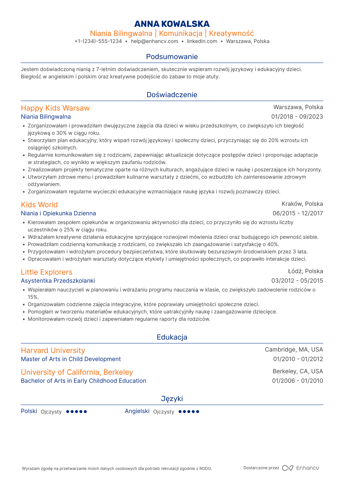 CV dla Niania Bilingwalna