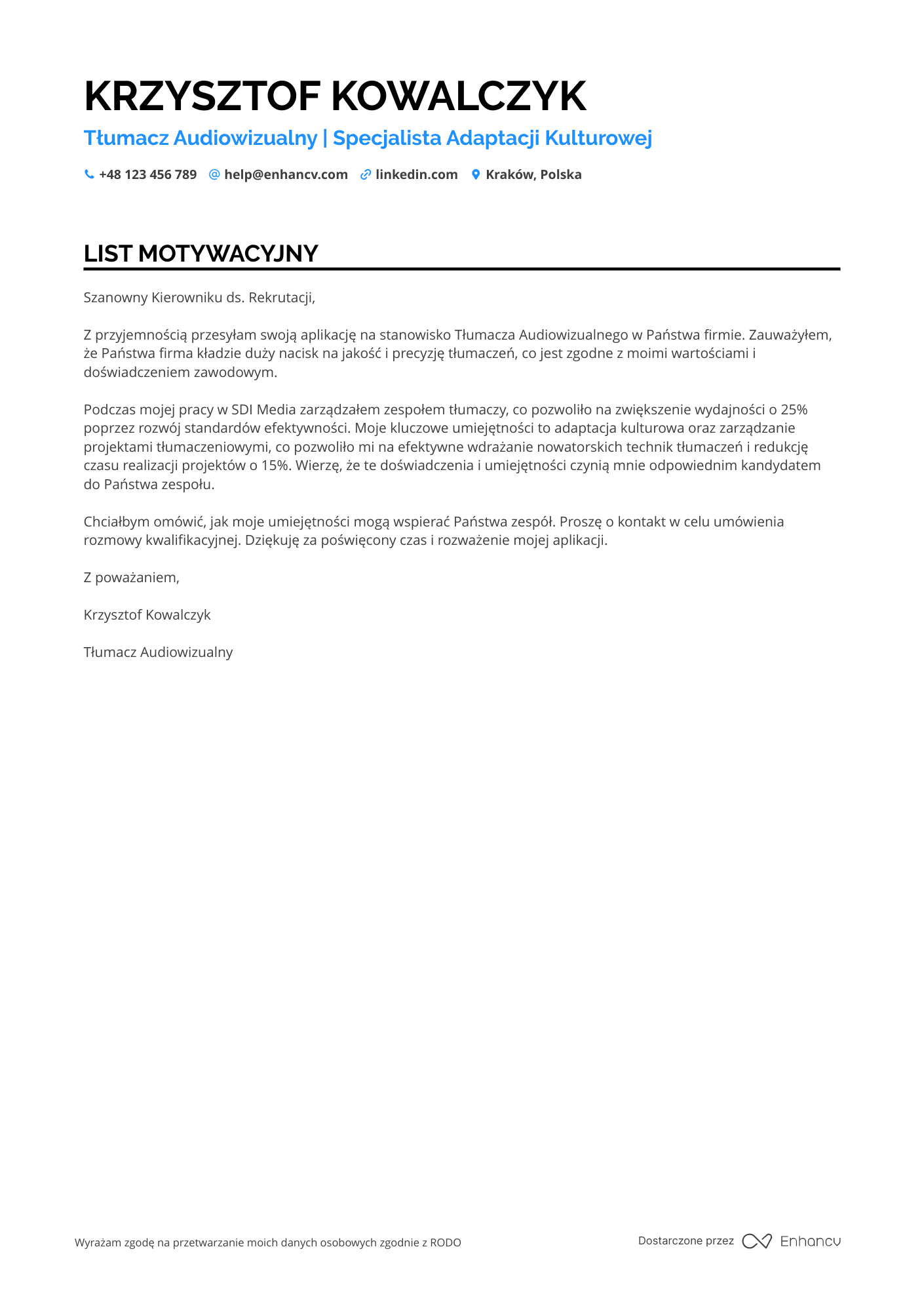 List motywacyjny dla Tłumacz Audiowizualny