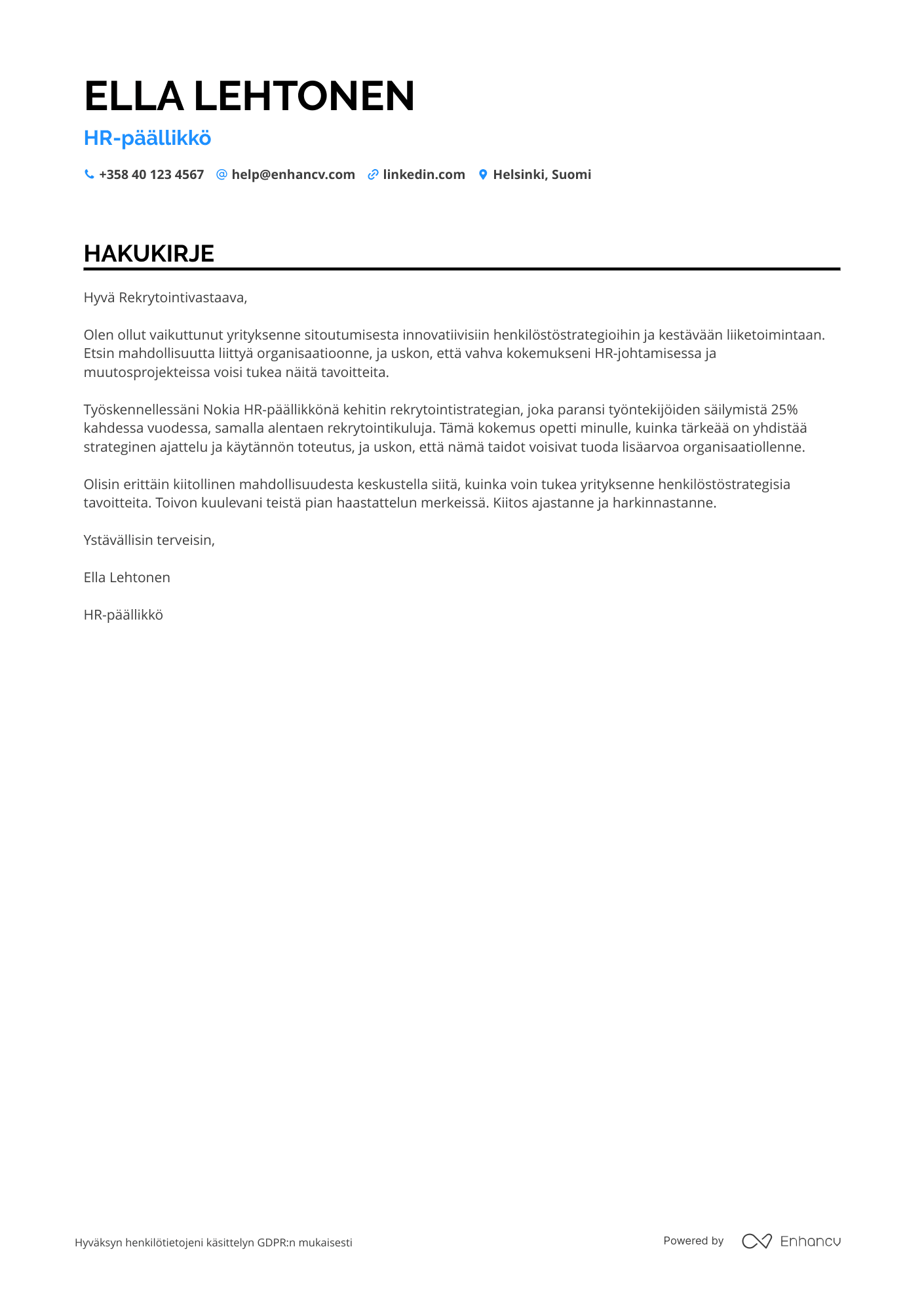 Hakukirje Kokenut HR päällikkö