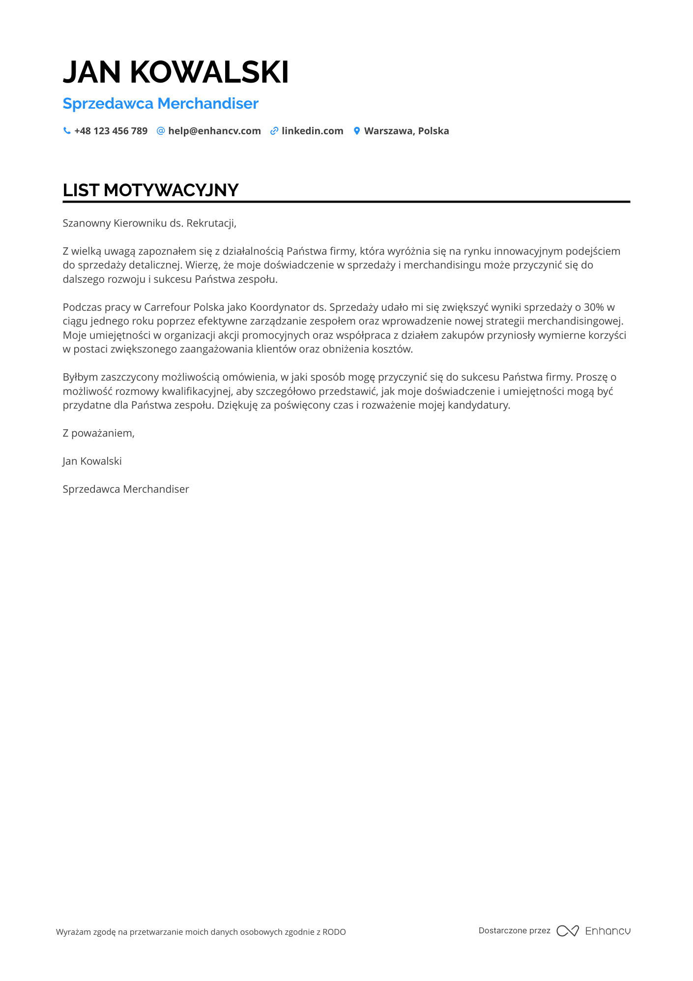 List motywacyjny dla Sprzedawca Merchandiser