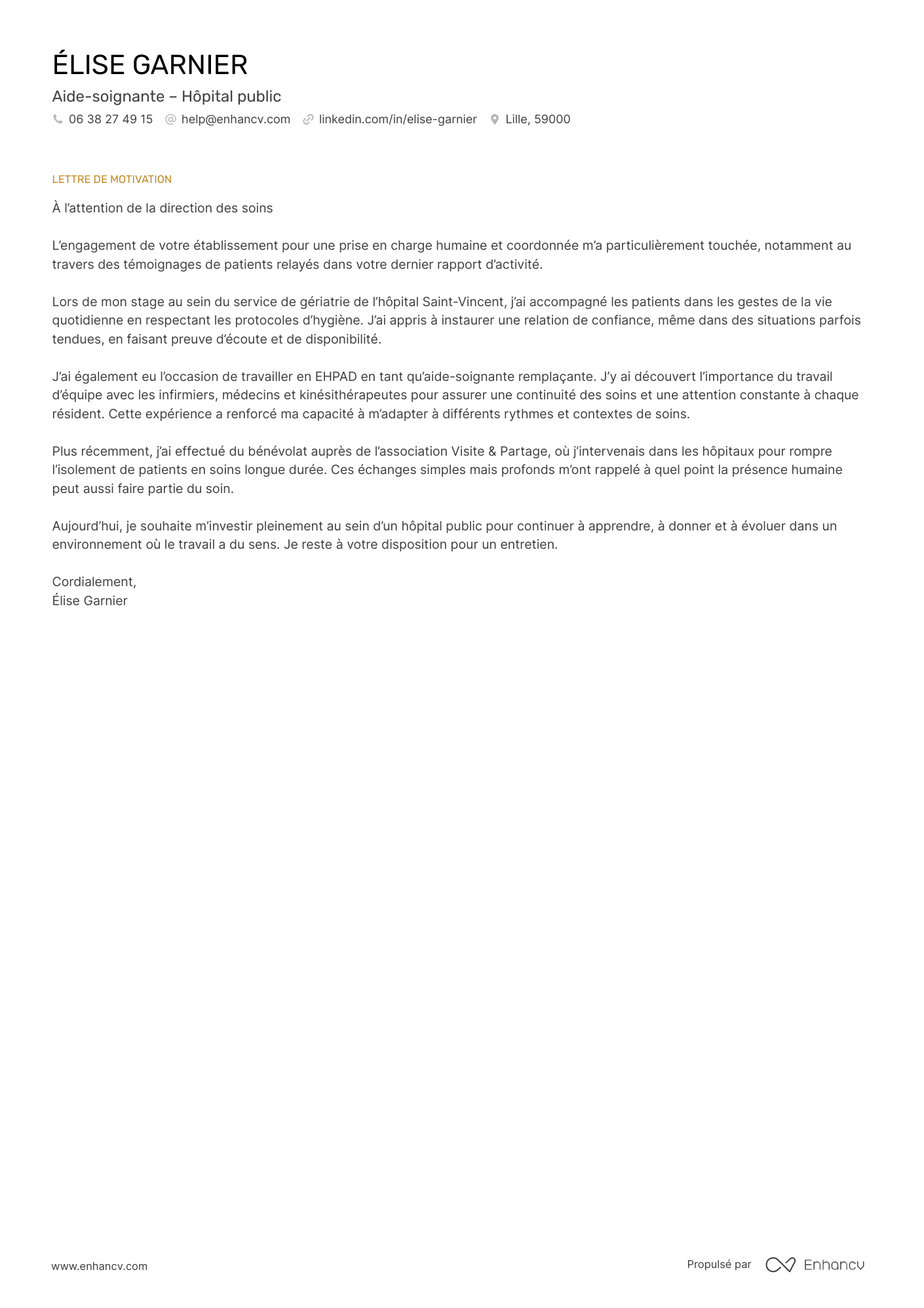 Modèle de lettre de motivation pour un·e aide soignant·e dans un hôpital public