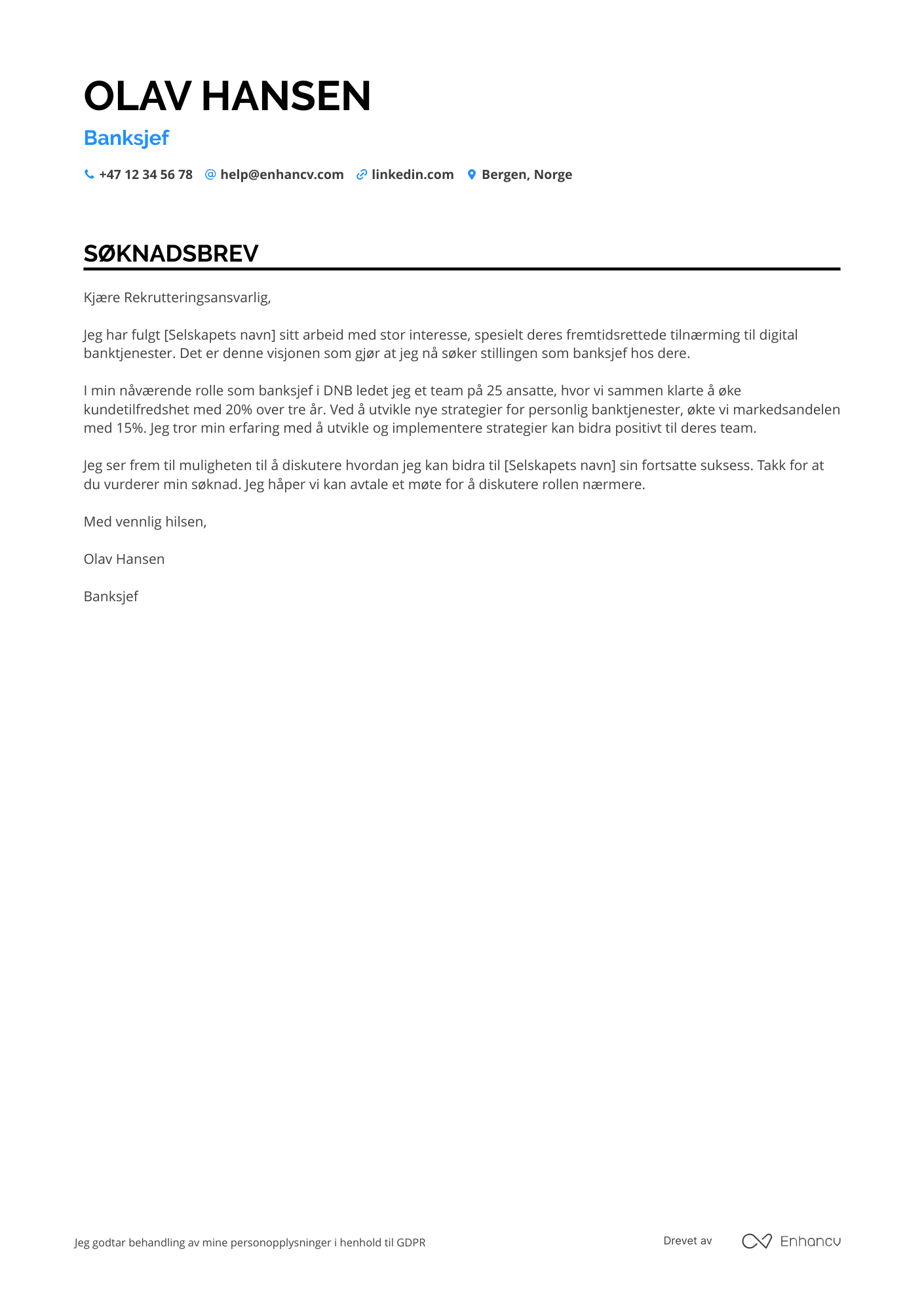 Søknadsbrev for Banksjef for personalbanking