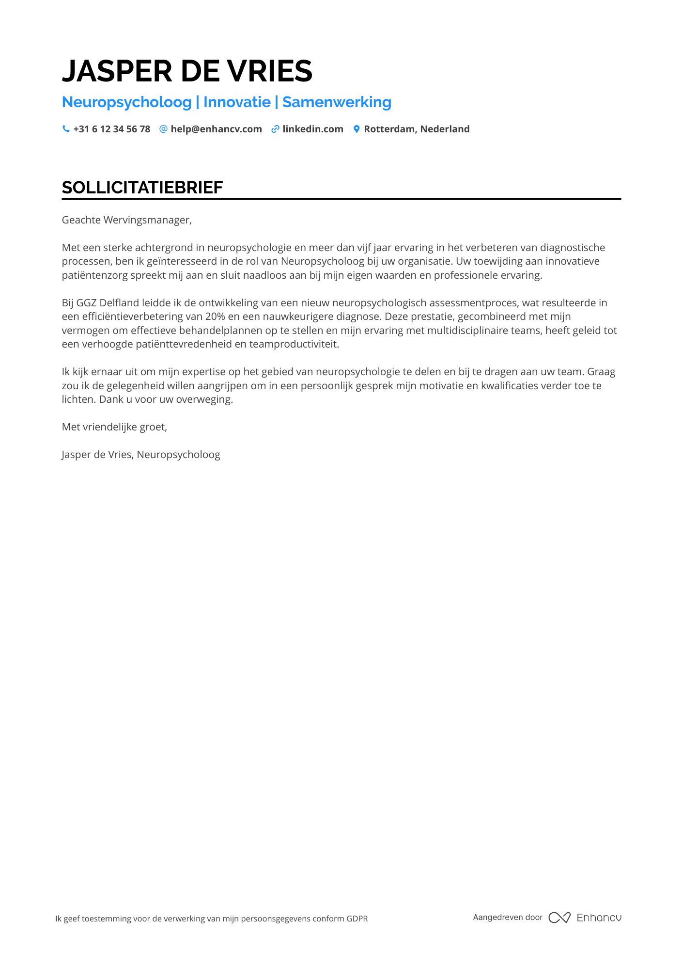 Sollicitatiebrief voor Neuropsycholoog