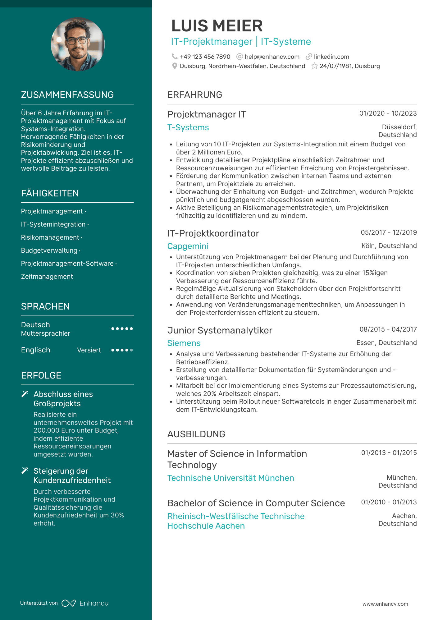 Lebenslauf als Projektmanager für IT Systeme