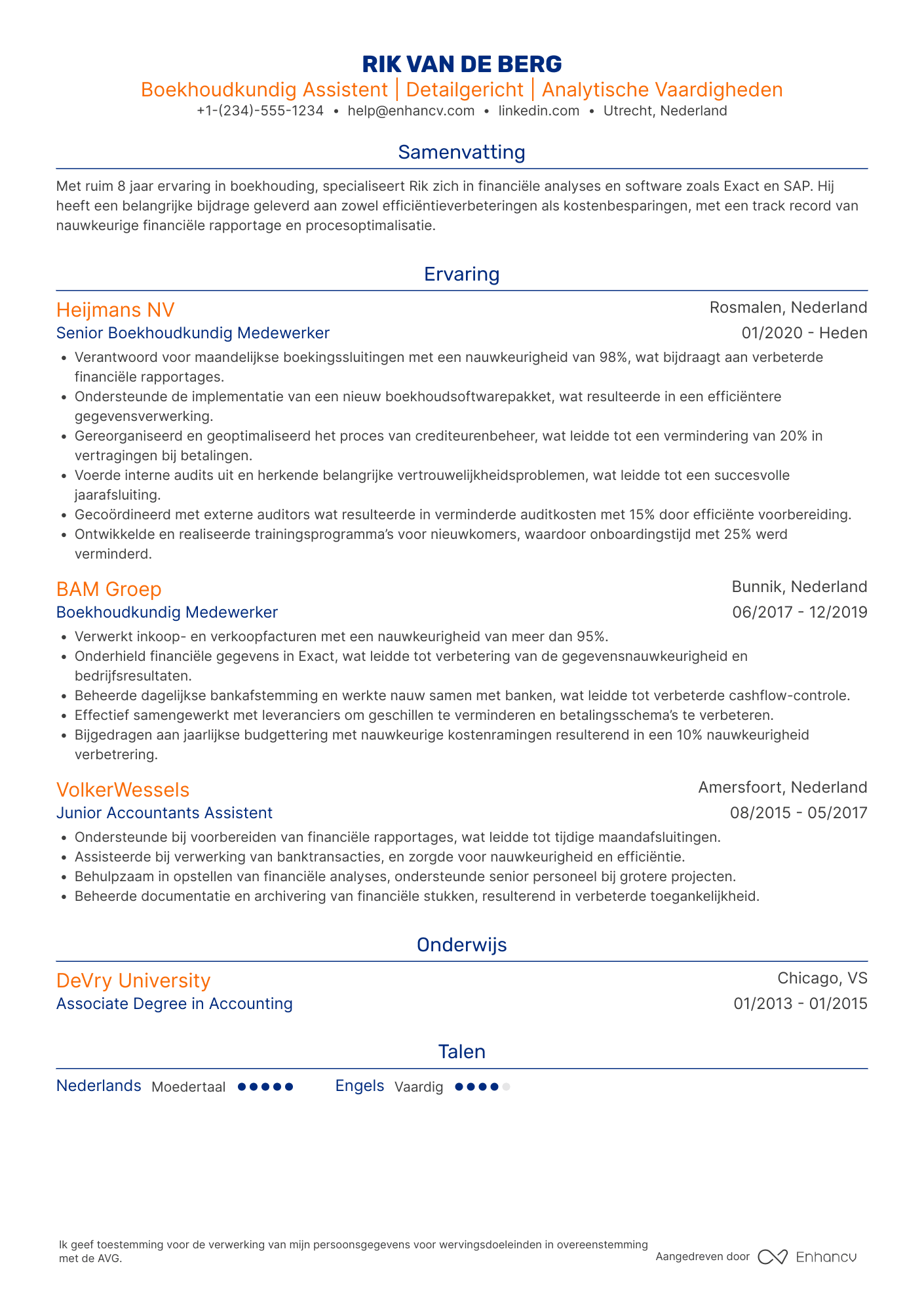 CV voor Boekhoudkundig Assistent in de Bouwsector