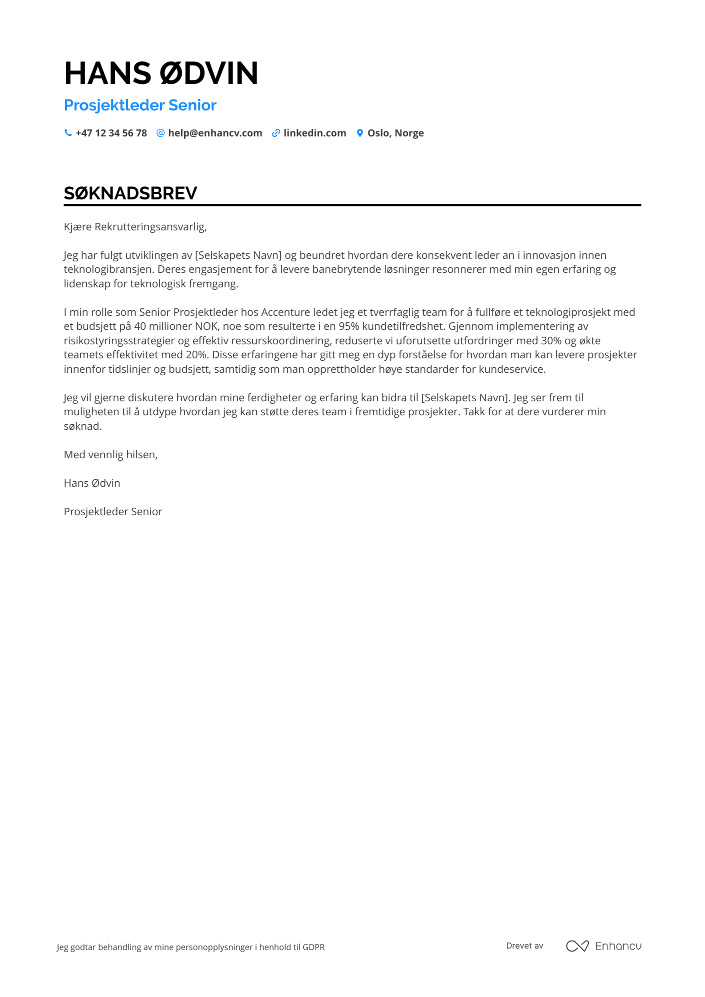 Søknadsbrev for Prosjektleder senior