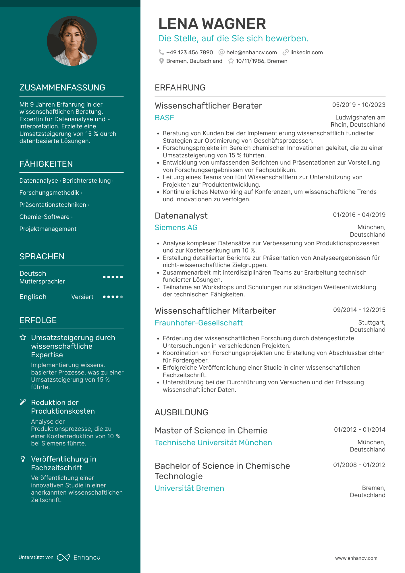 Lebenslauf als Wissenschaftlicher Berater