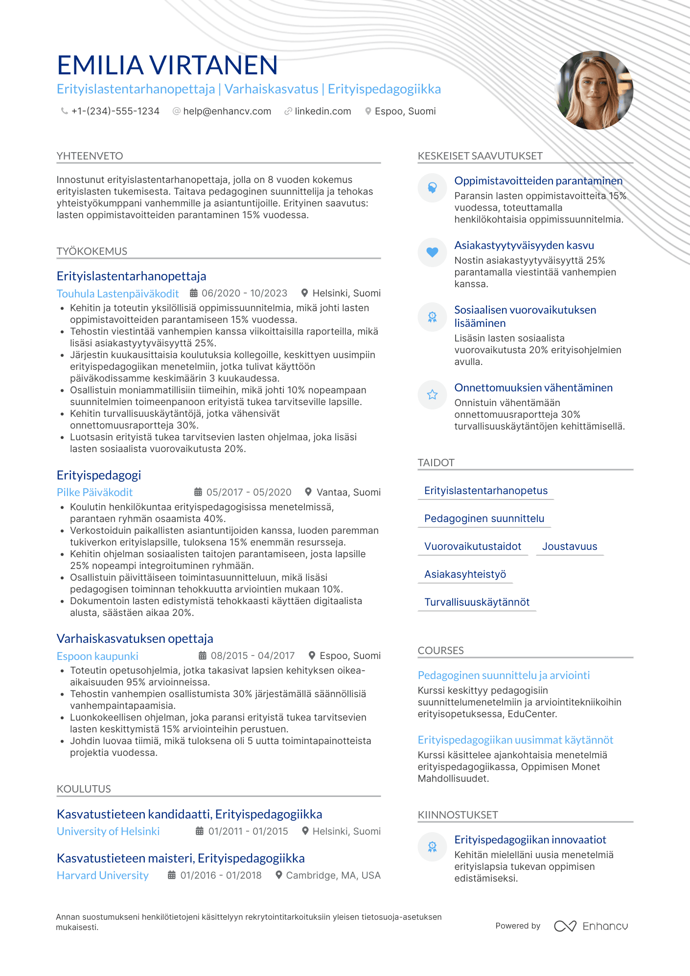 Ansioluettelo Erityislastentarhanopettaja