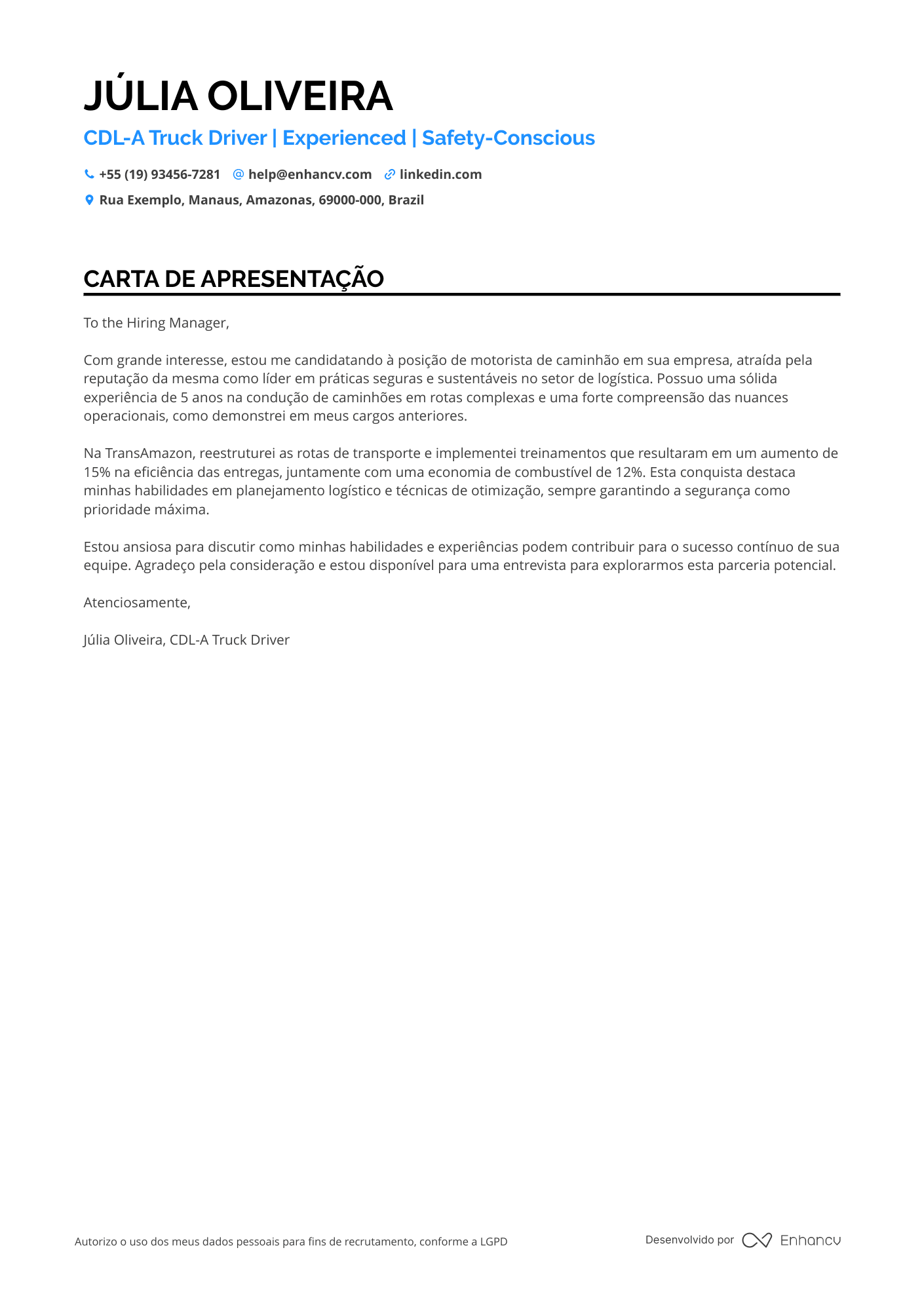 Motorista de caminhão Meio período