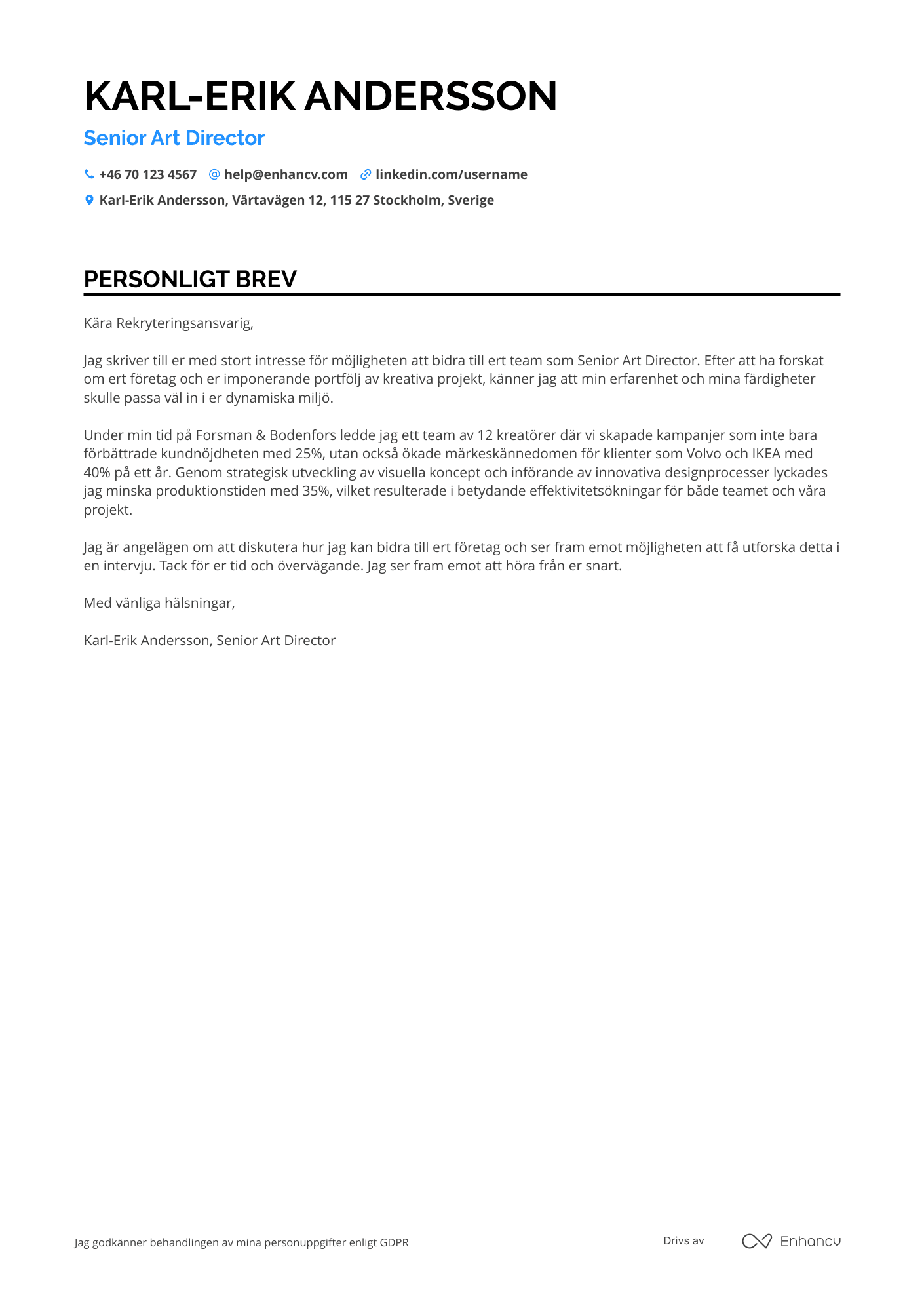 Personligt brev för Senior Art Director