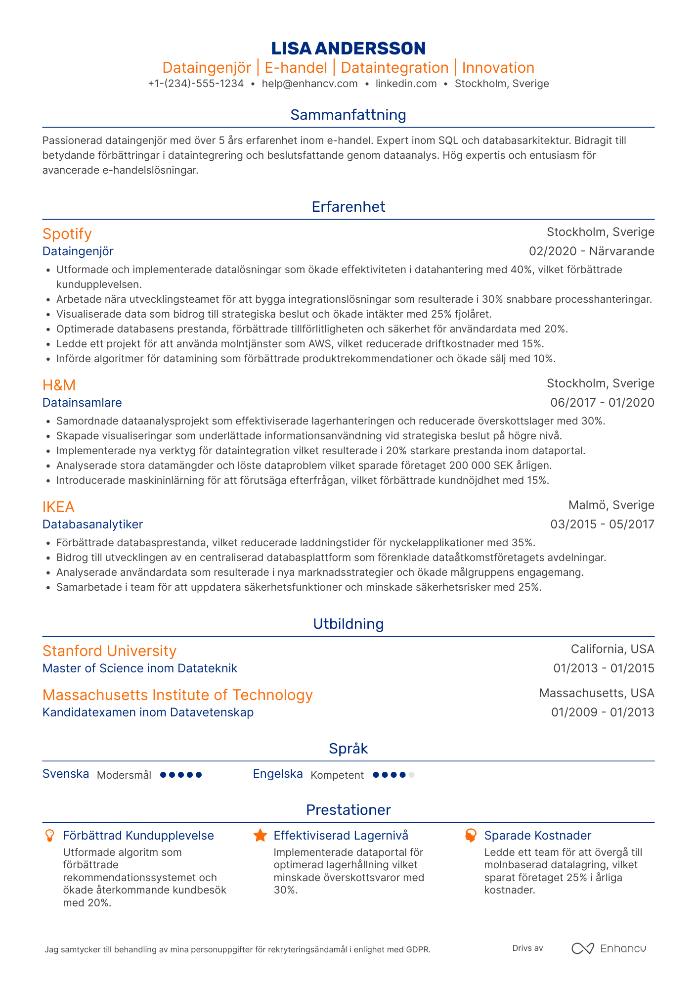 CV för Dataingenjör inom e handel