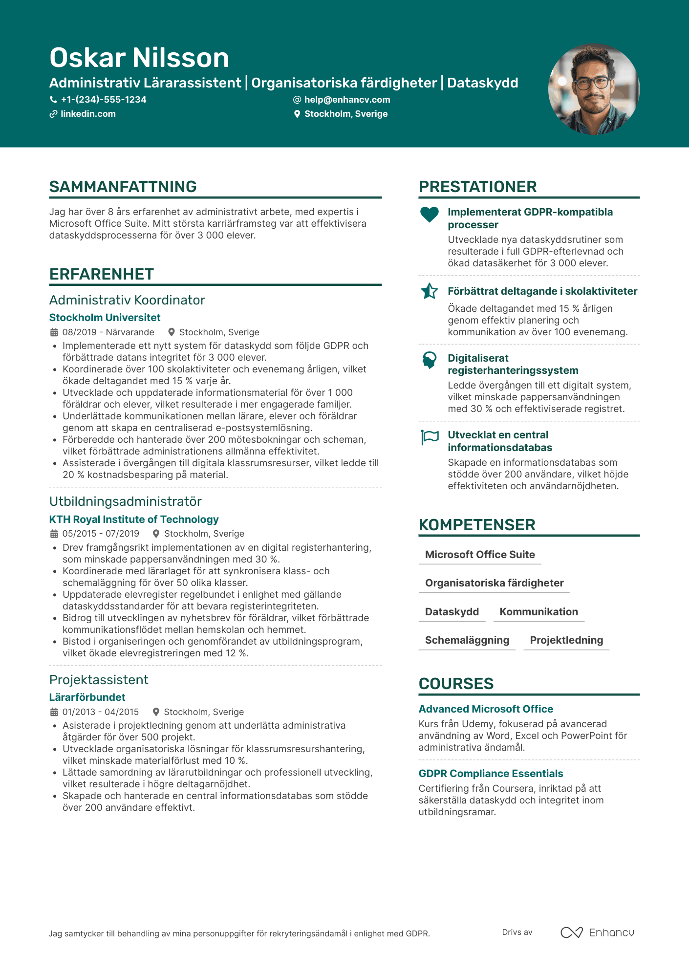 CV för Administrativ Lärarassistent