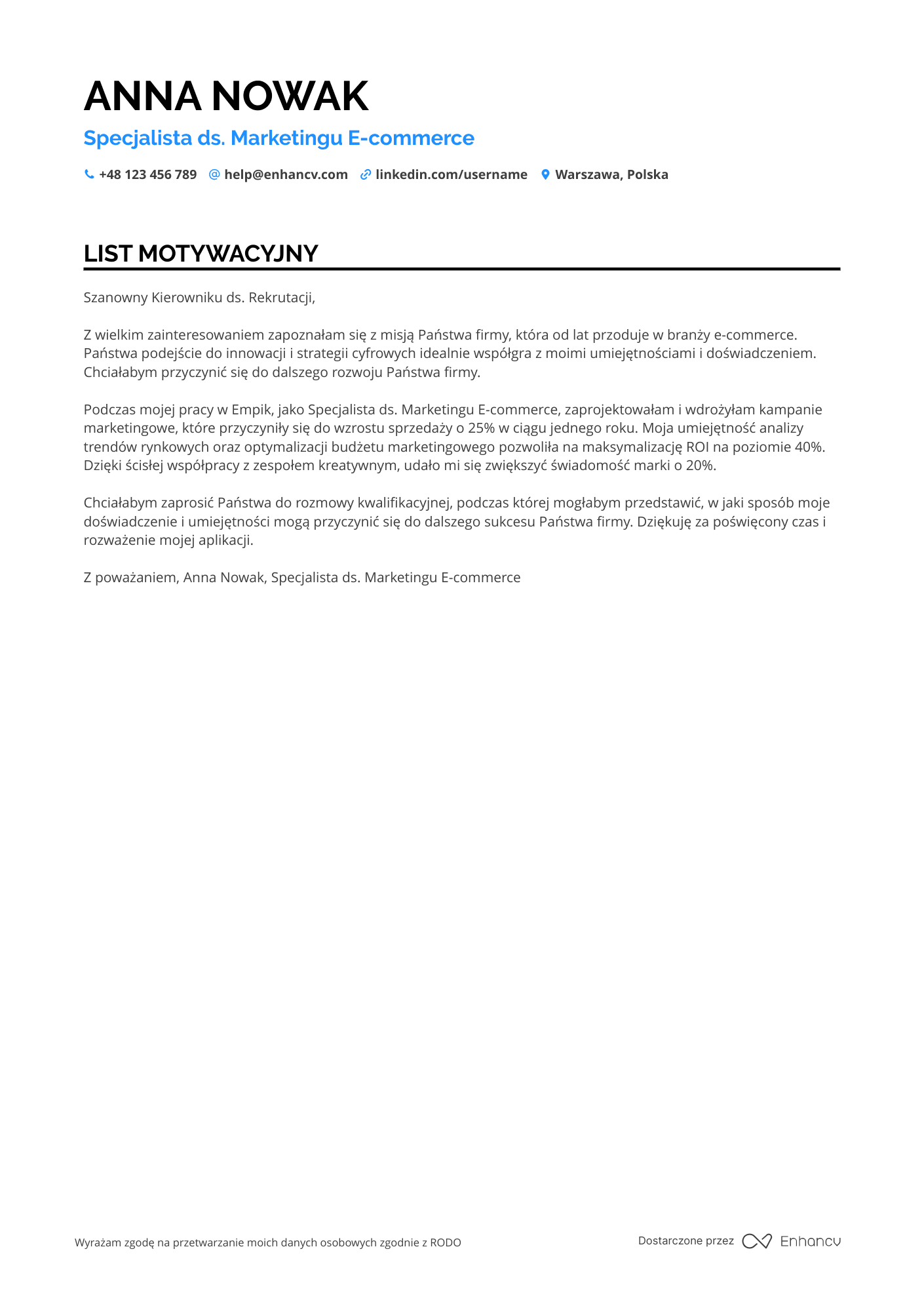 List motywacyjny dla Specjalista ds. Marketingu E commerce