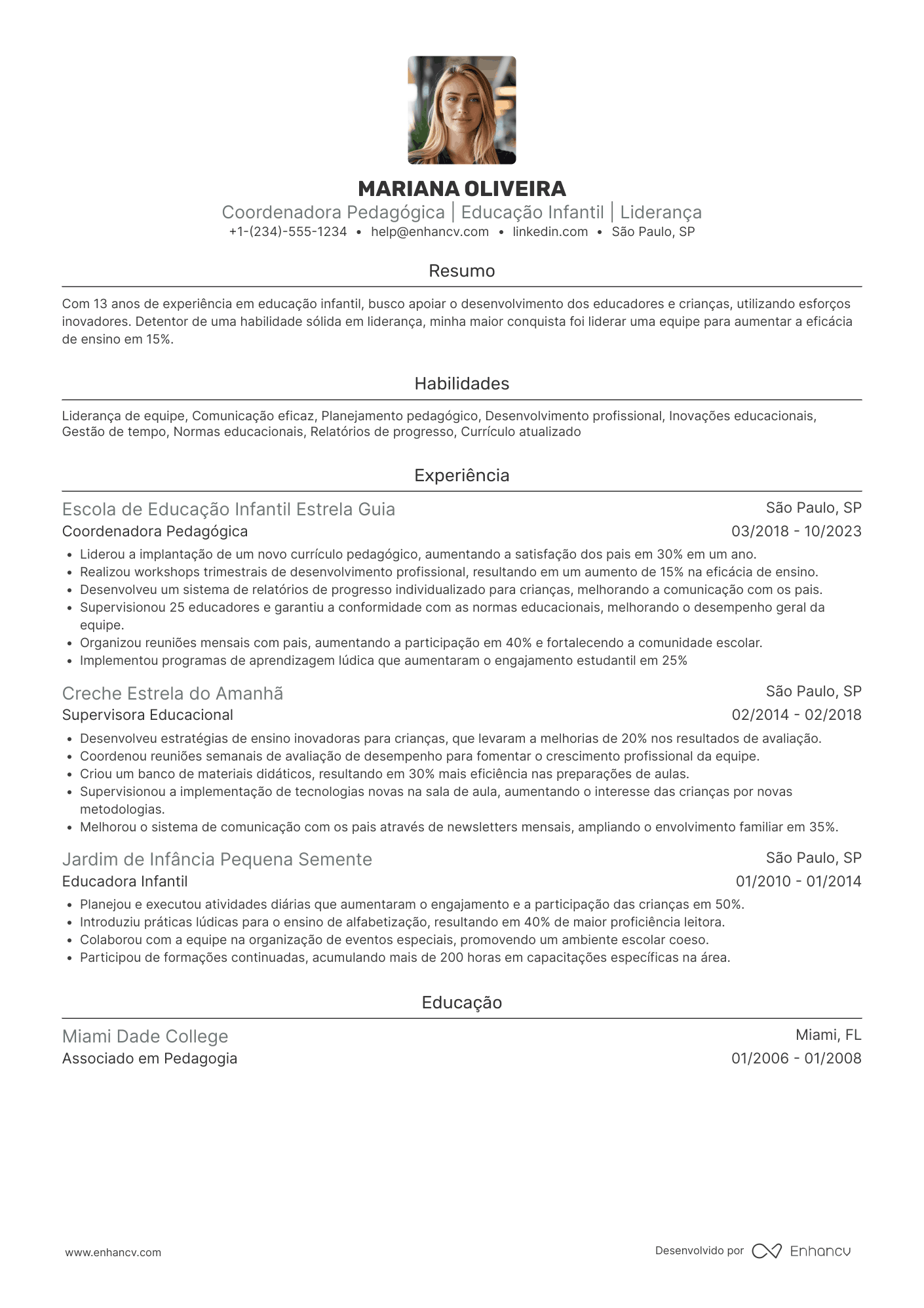 Currículo de coordenadora pedagógica de educação infantil