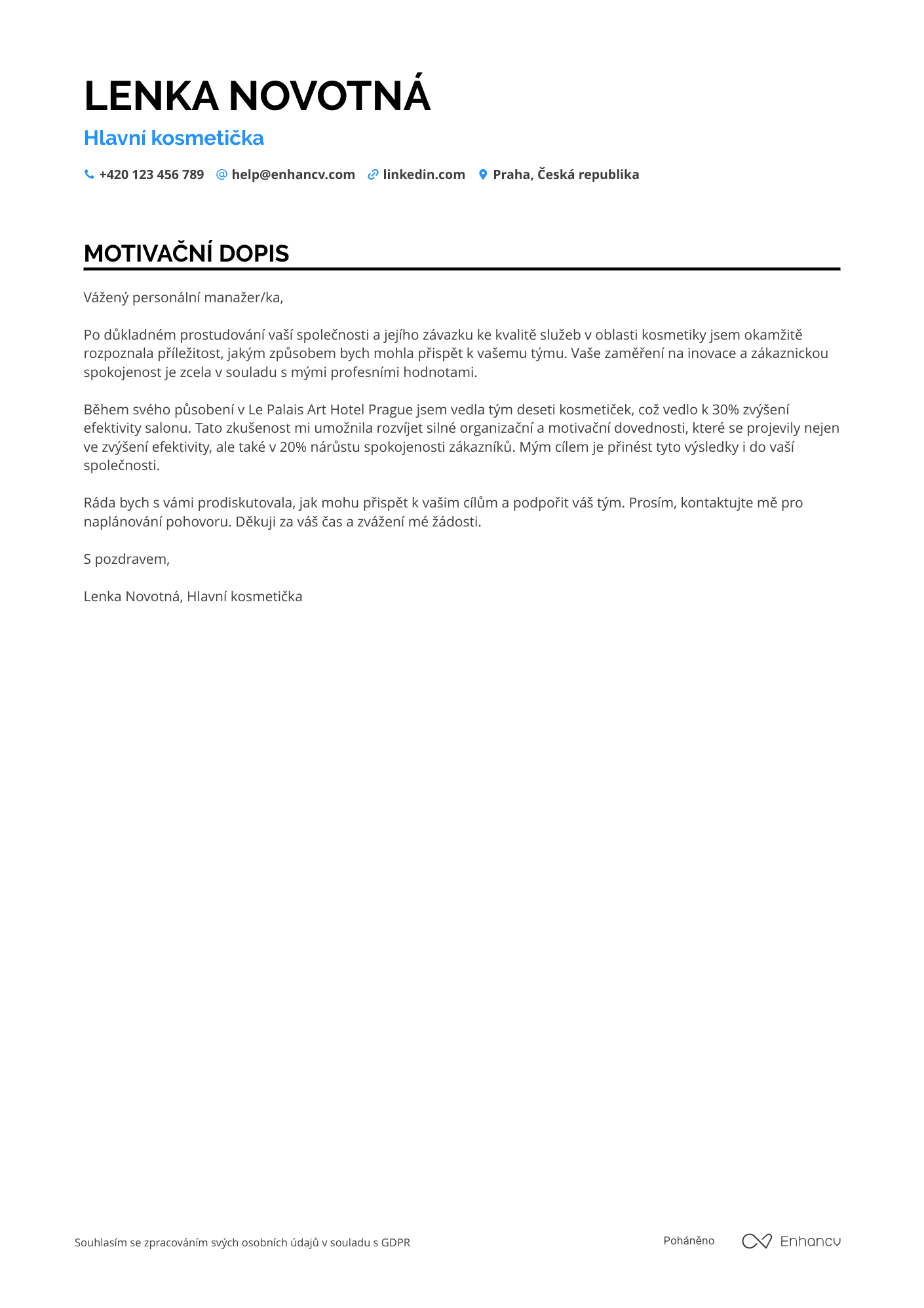 Motivační dopis pro Hlavní Kosmetička