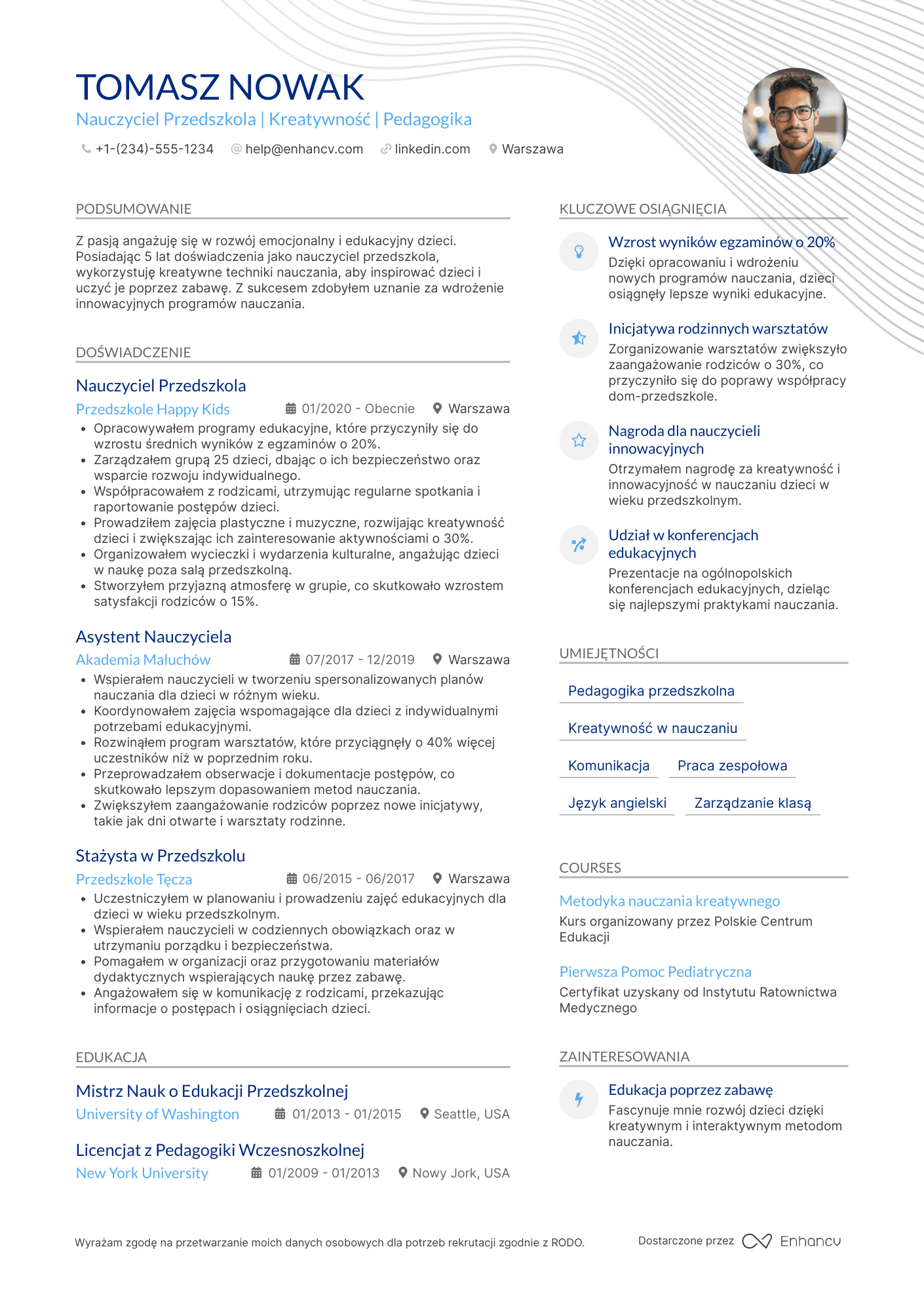 CV dla Nauczyciel Przedszkola w Prywatnej Placówce