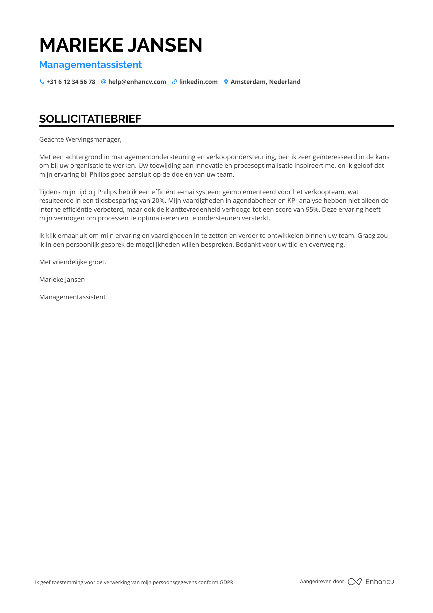 Sollicitatiebrief voor Managementassistent Verkoop