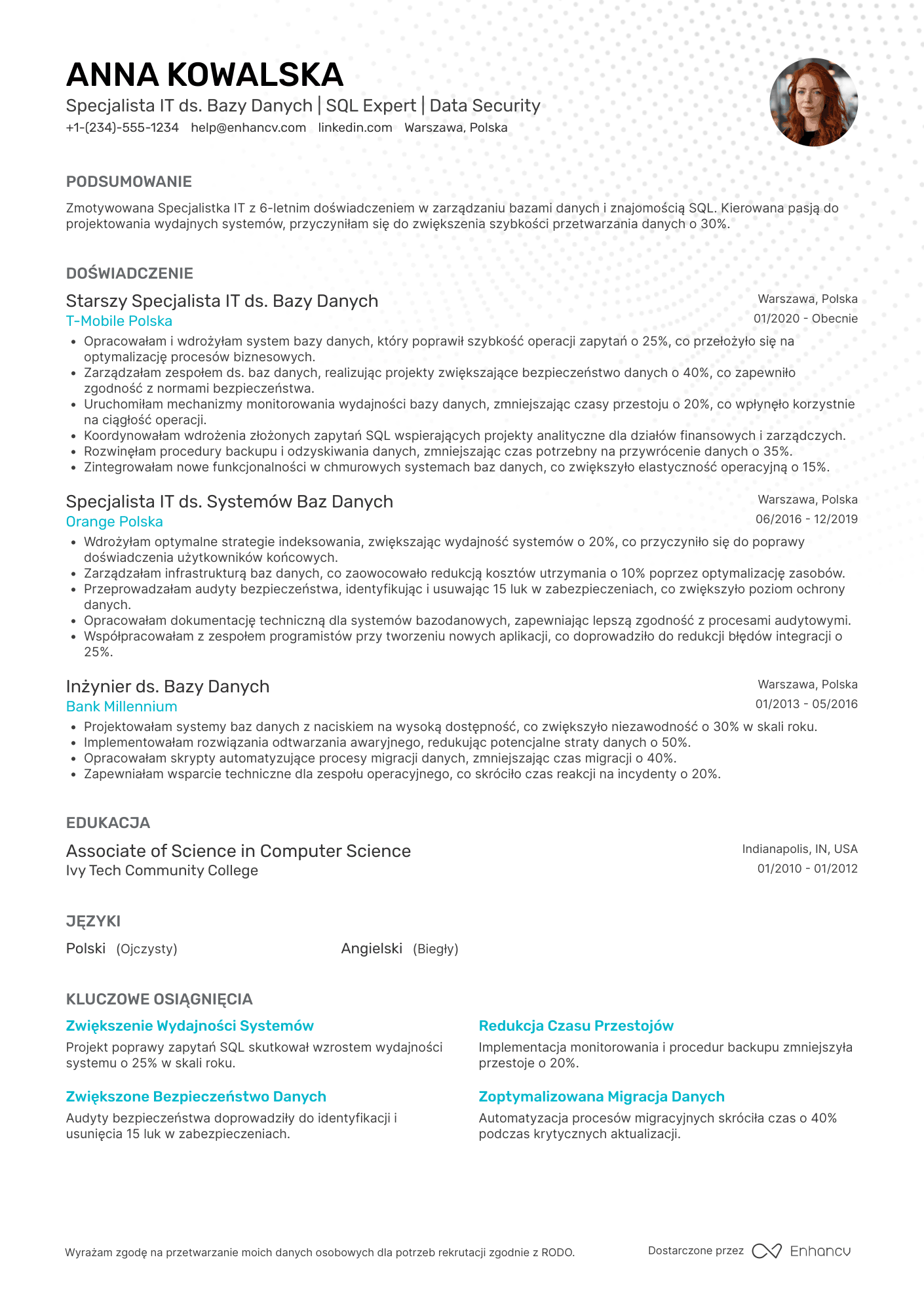 CV dla Specjalista IT ds. Bazy Danych