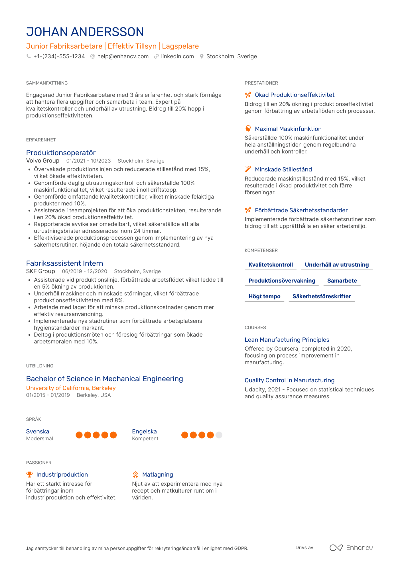 CV för Junior Fabriksarbetare